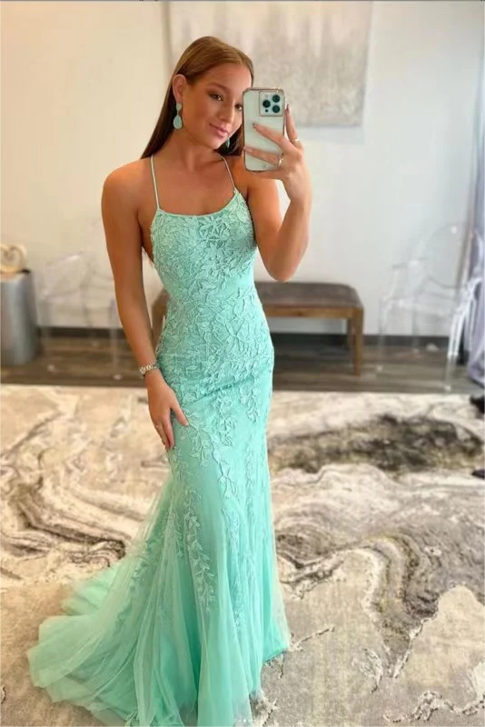 Mermaid Spaghetti strap Floor-length Sleeveless Open Back Appliques Lace Prom Dress - Image 4