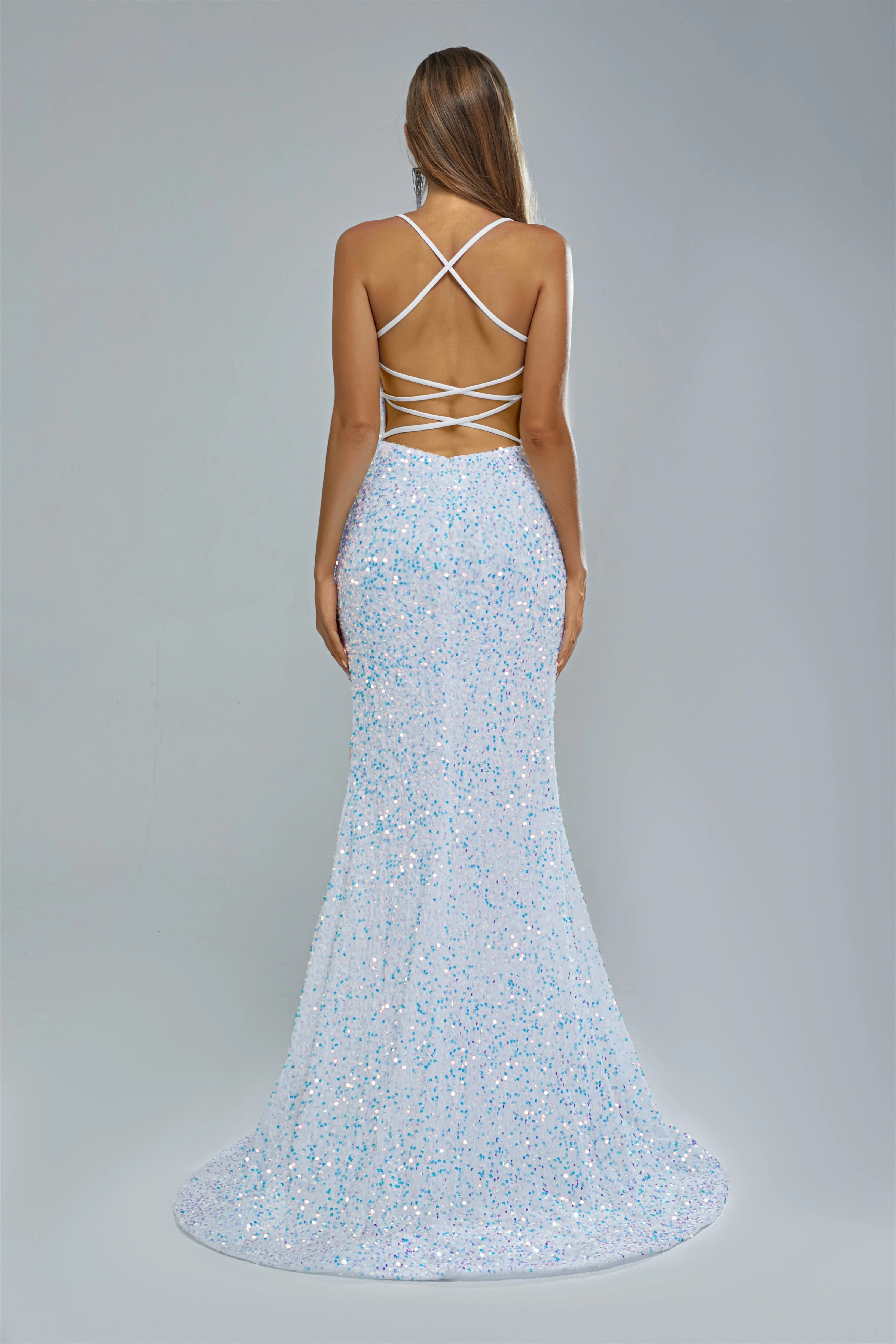 Mermaid Spaghetti strap Sequined Floor-length Sleeveless Backless High Split Elegant Prom Dress - Image 2