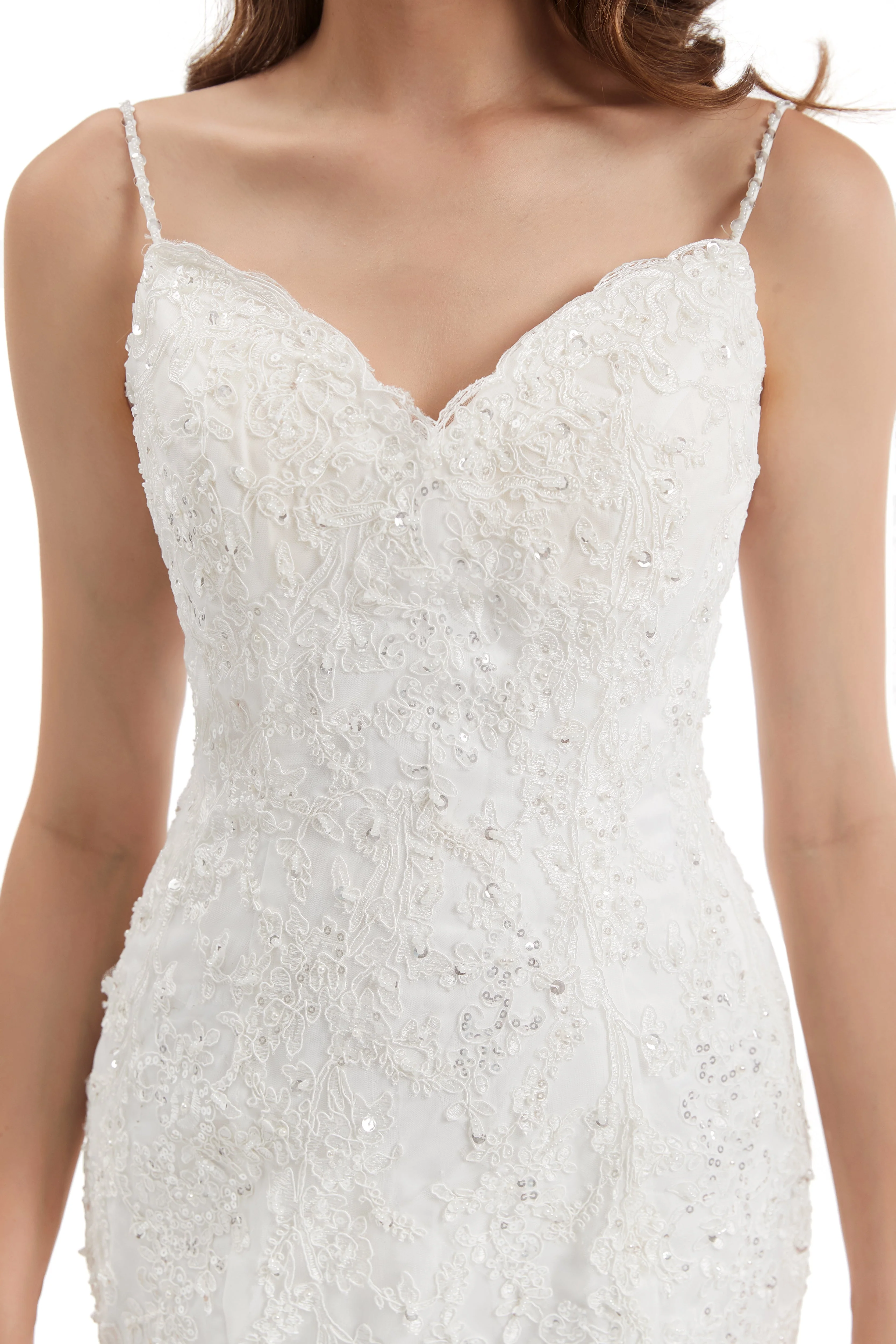 Mermaid Spaghetti strap Sweetheart Sequined Floor-length Sleeveless Backless Appliques Lace Wedding Dress - Image 10