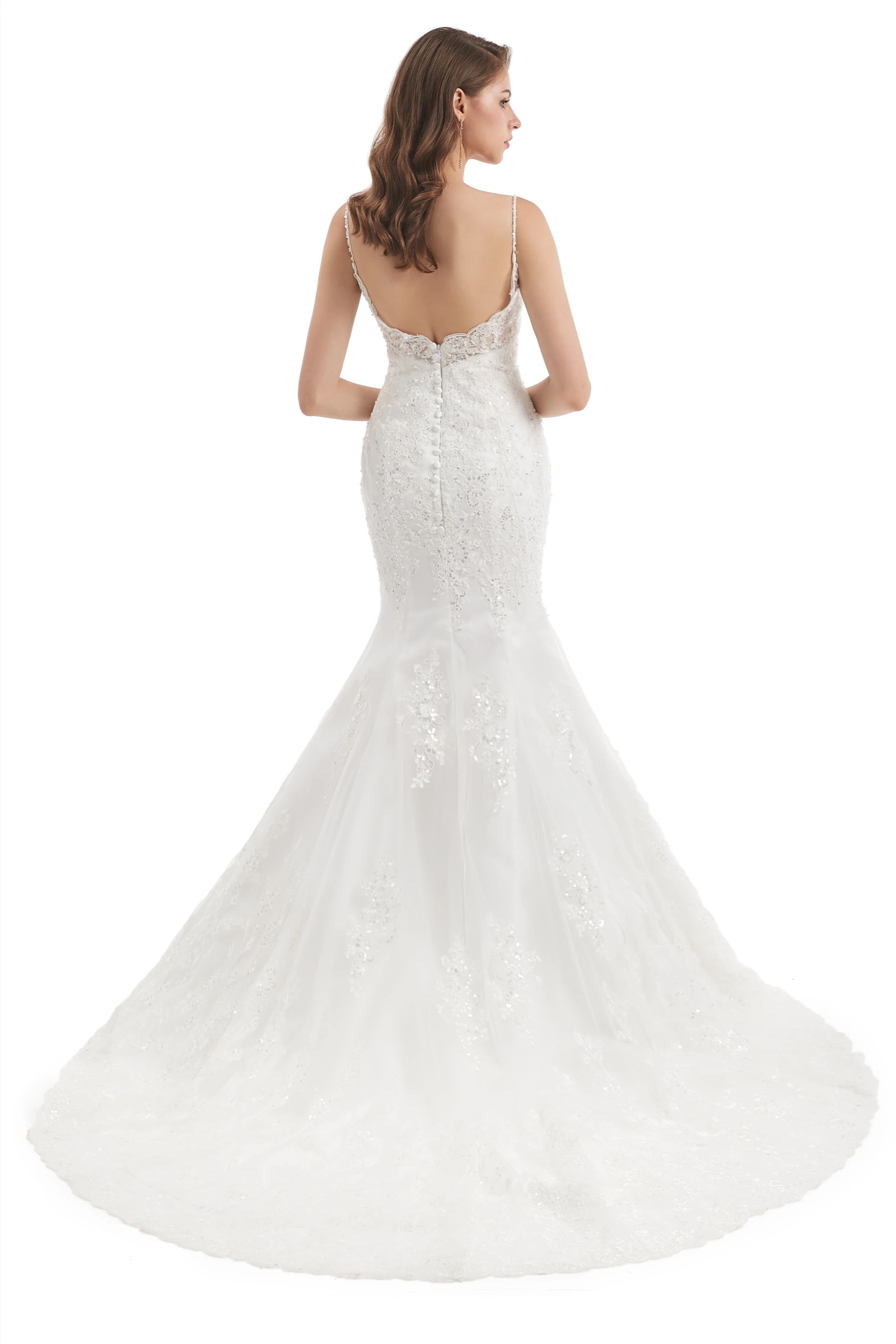 Mermaid Spaghetti strap Sweetheart Sequined Floor-length Sleeveless Backless Appliques Lace Wedding Dress - Image 2