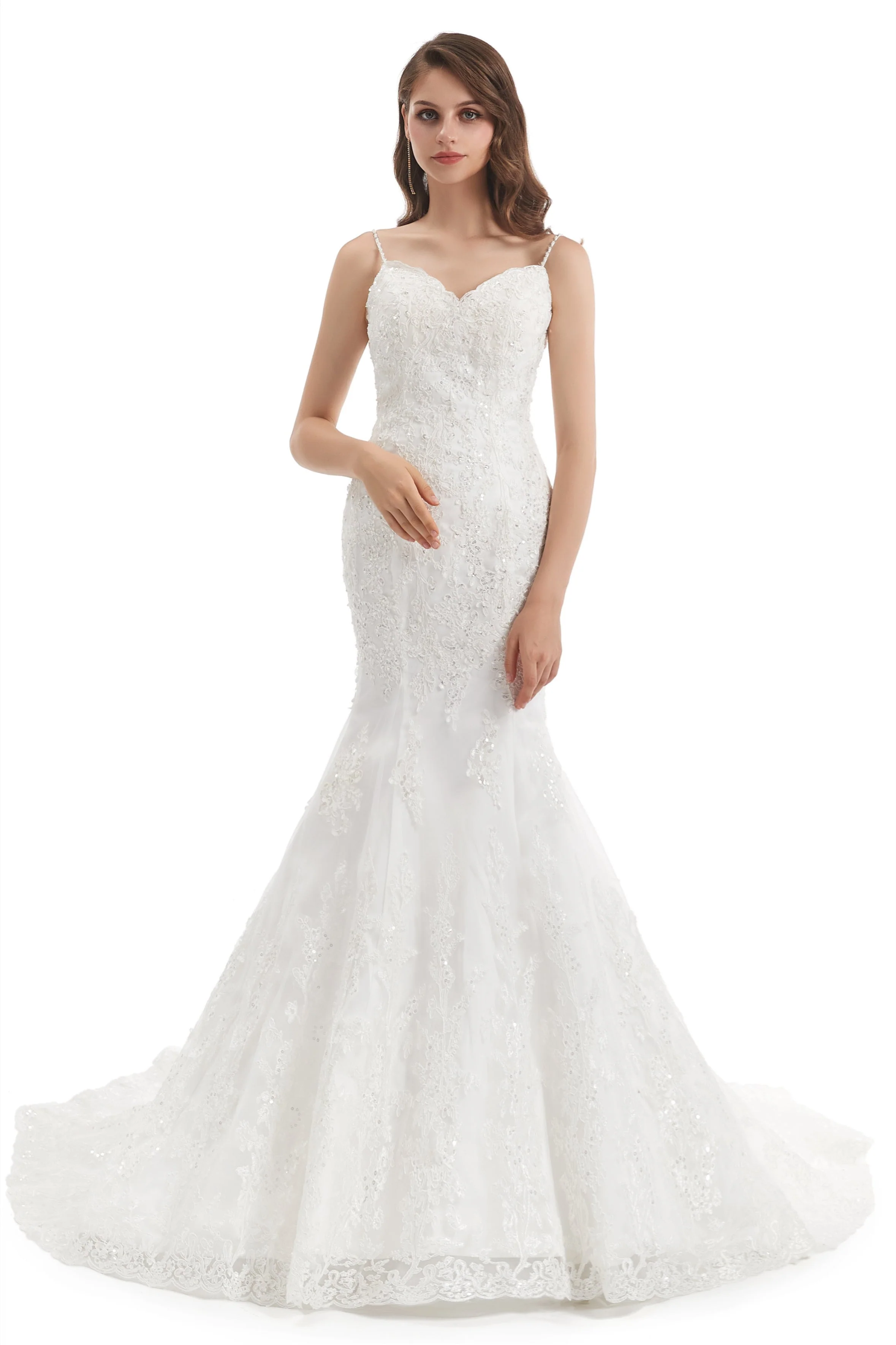 Mermaid Spaghetti strap Sweetheart Sequined Floor-length Sleeveless Backless Appliques Lace Wedding Dress - Image 3