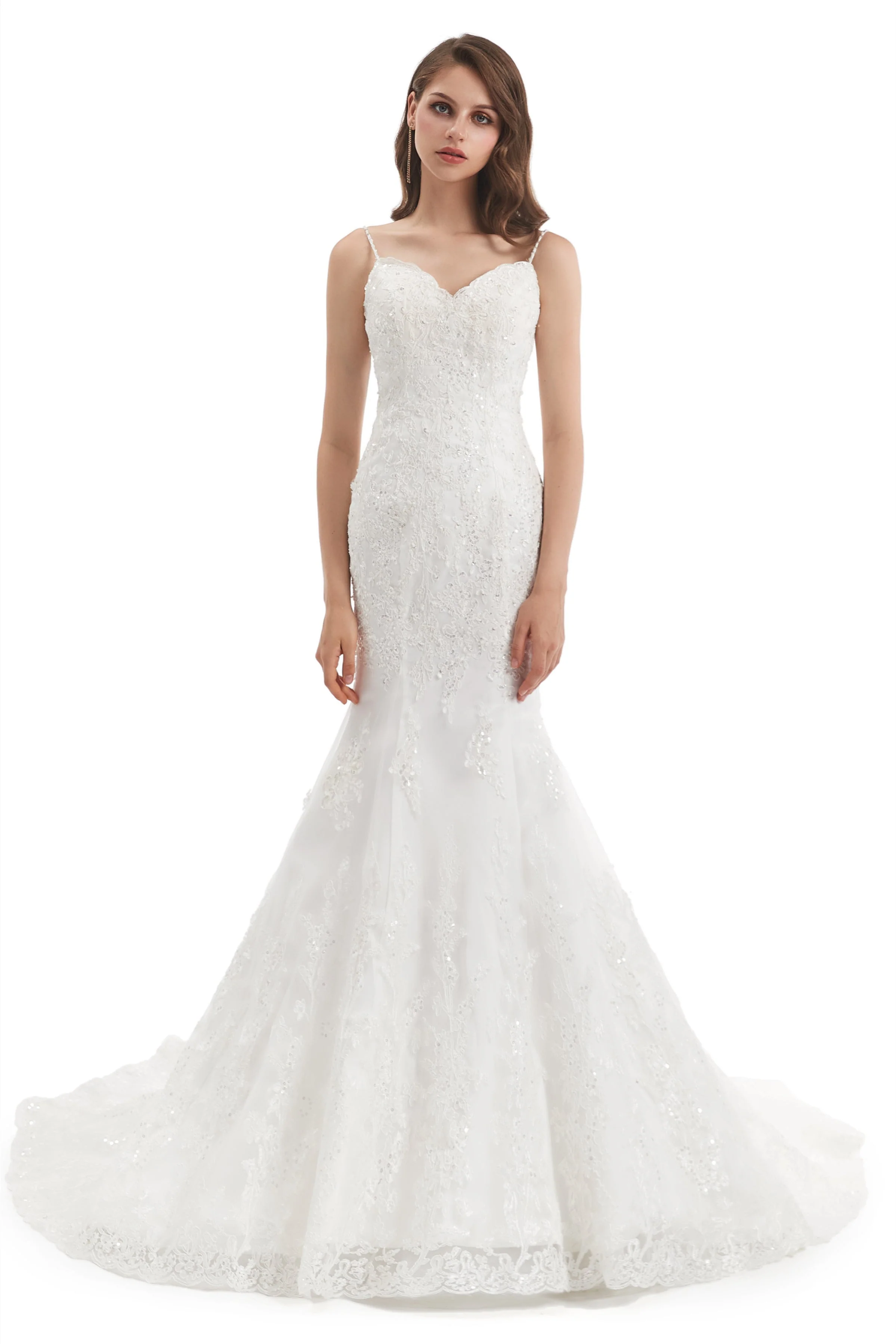 Mermaid Spaghetti strap Sweetheart Sequined Floor-length Sleeveless Backless Appliques Lace Wedding Dress - Image 4