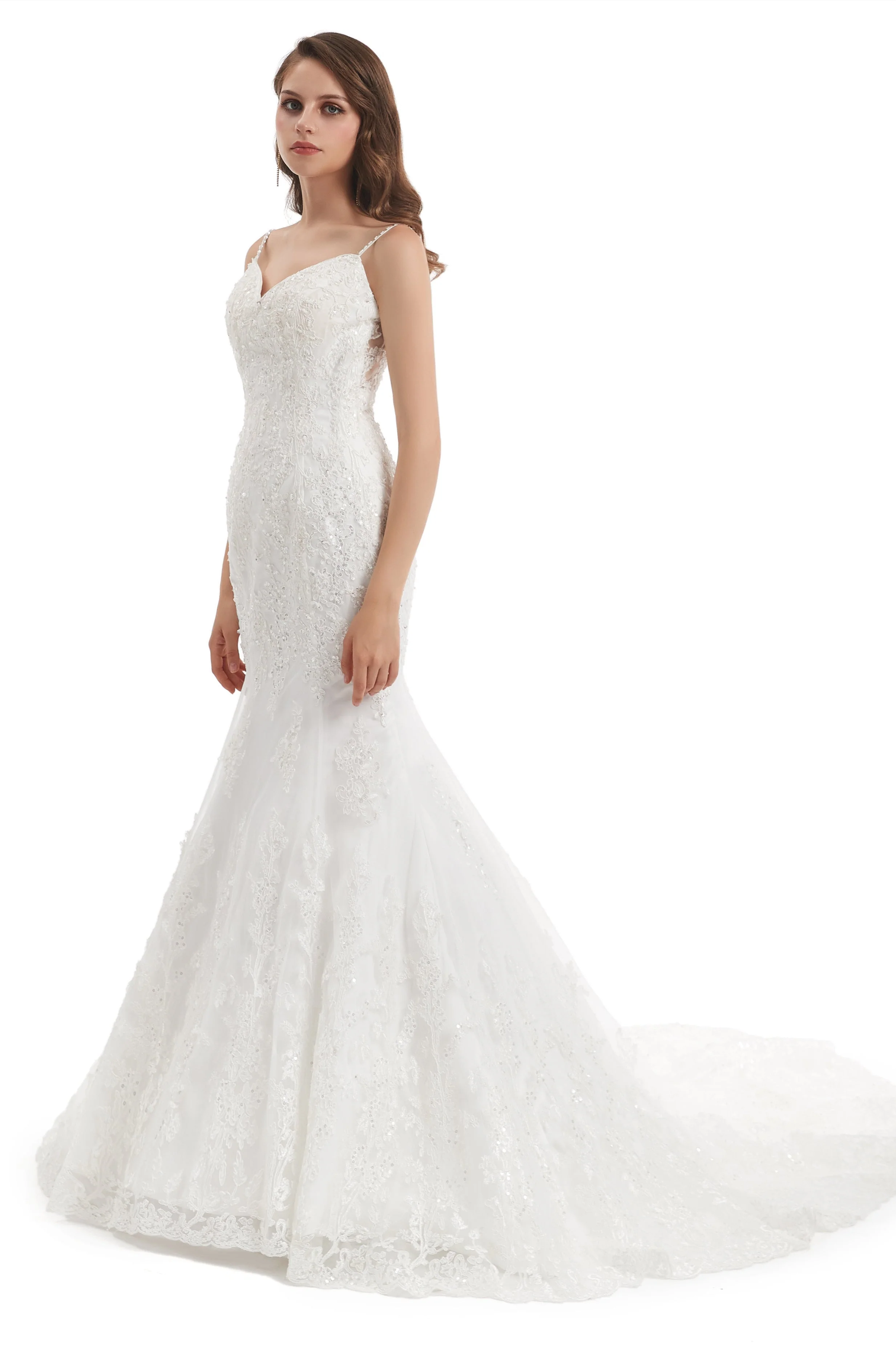 Mermaid Spaghetti strap Sweetheart Sequined Floor-length Sleeveless Backless Appliques Lace Wedding Dress - Image 5