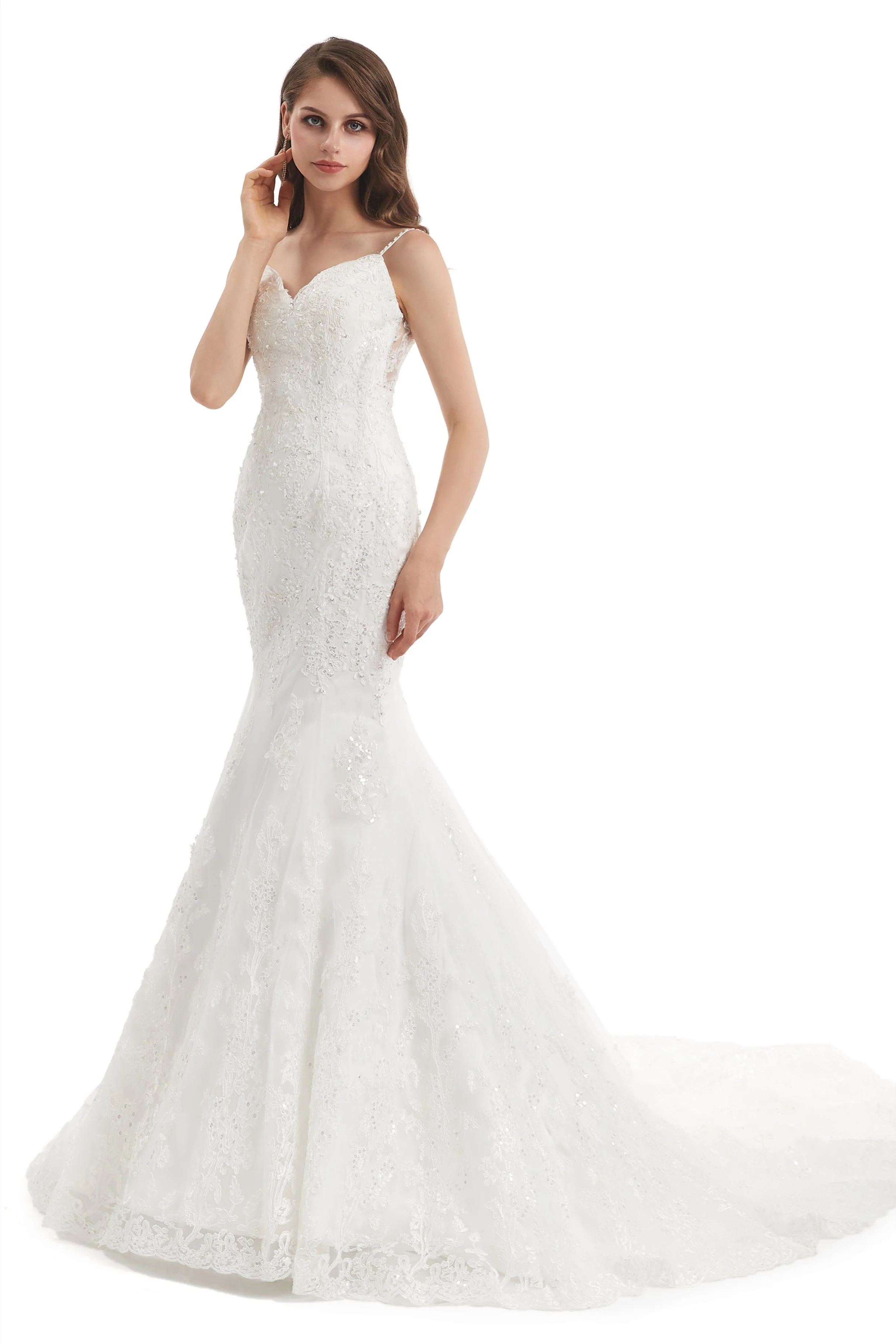 Mermaid Spaghetti strap Sweetheart Sequined Floor-length Sleeveless Backless Appliques Lace Wedding Dress - Image 6