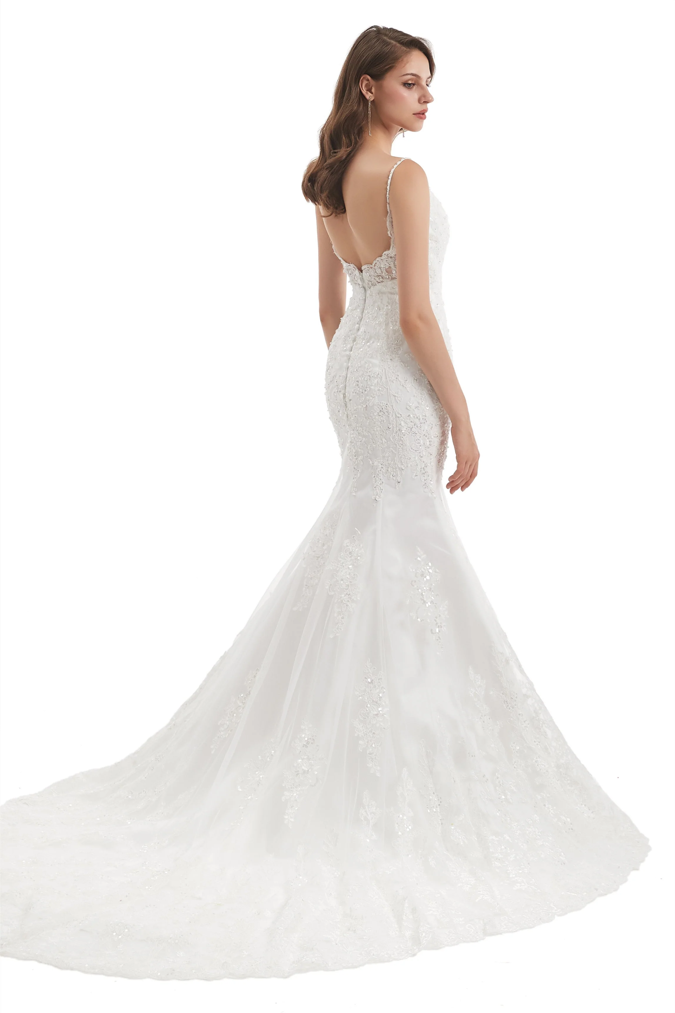 Mermaid Spaghetti strap Sweetheart Sequined Floor-length Sleeveless Backless Appliques Lace Wedding Dress - Image 7