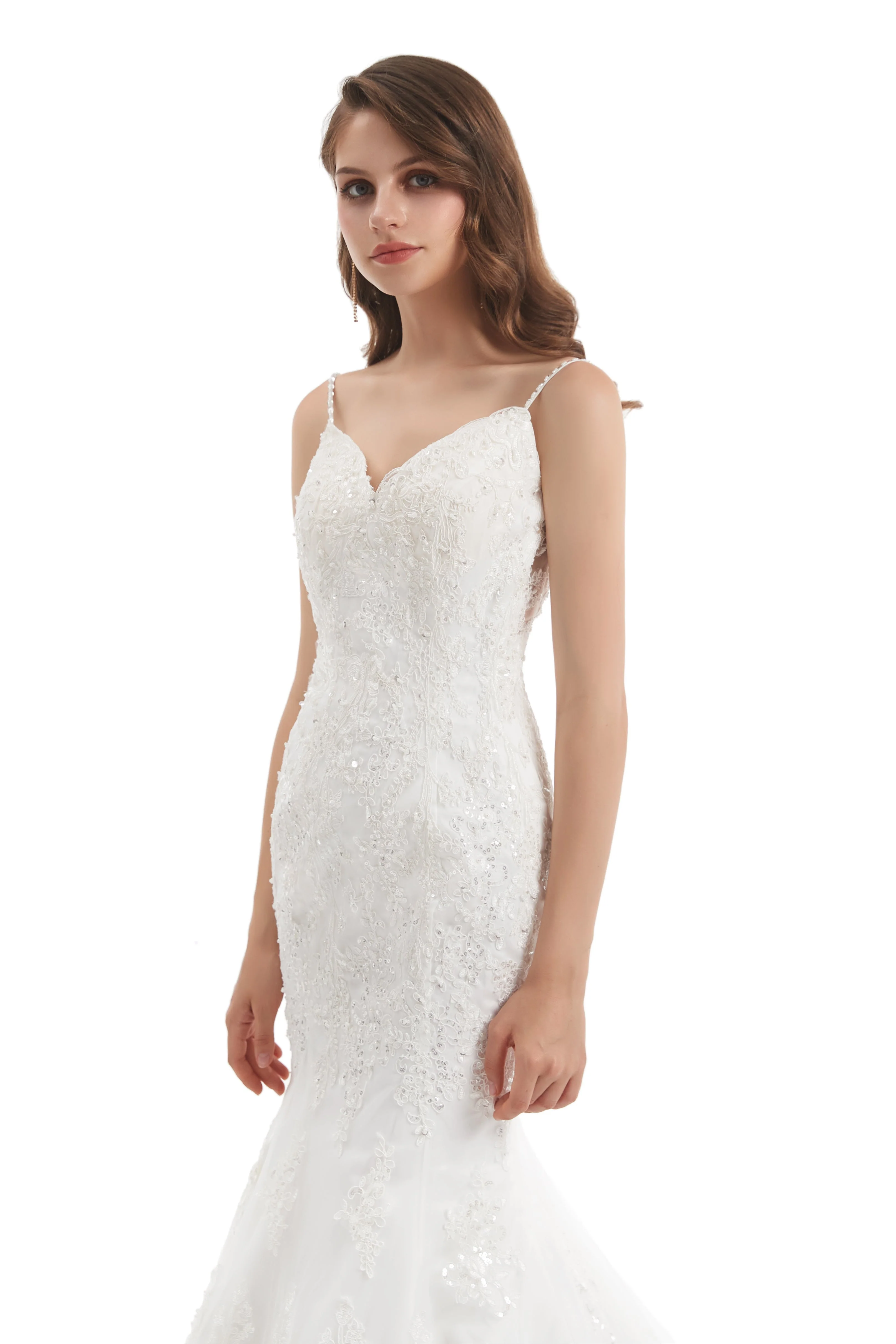 Mermaid Spaghetti strap Sweetheart Sequined Floor-length Sleeveless Backless Appliques Lace Wedding Dress - Image 8