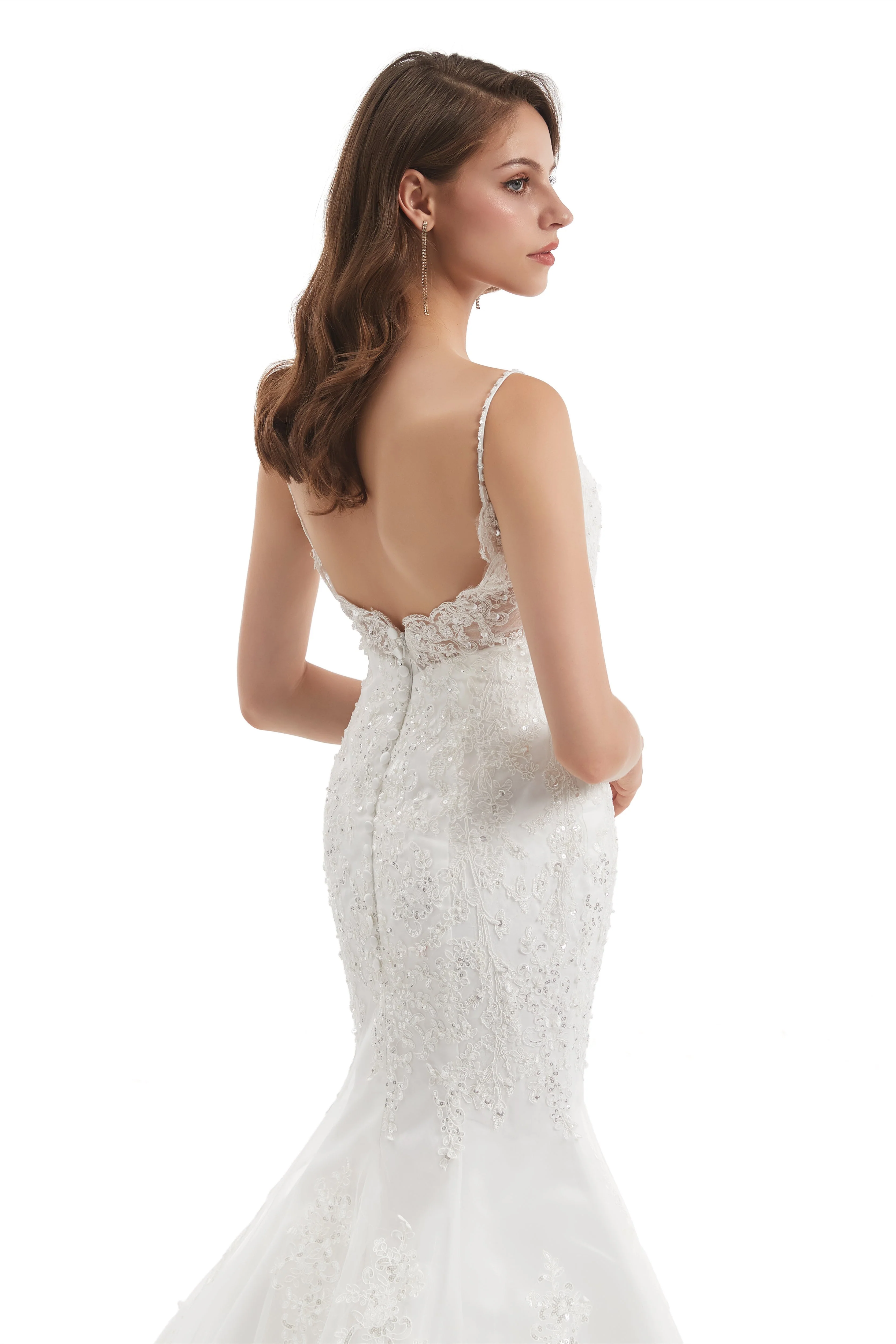 Mermaid Spaghetti strap Sweetheart Sequined Floor-length Sleeveless Backless Appliques Lace Wedding Dress - Image 9