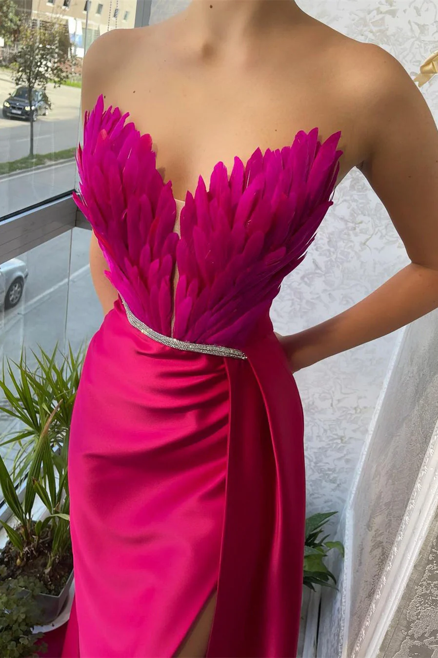 Mermaid Strapless Asymmetrical Floor-length Sleeveless Open Back Side Train High Split Prom Dress - Image 2