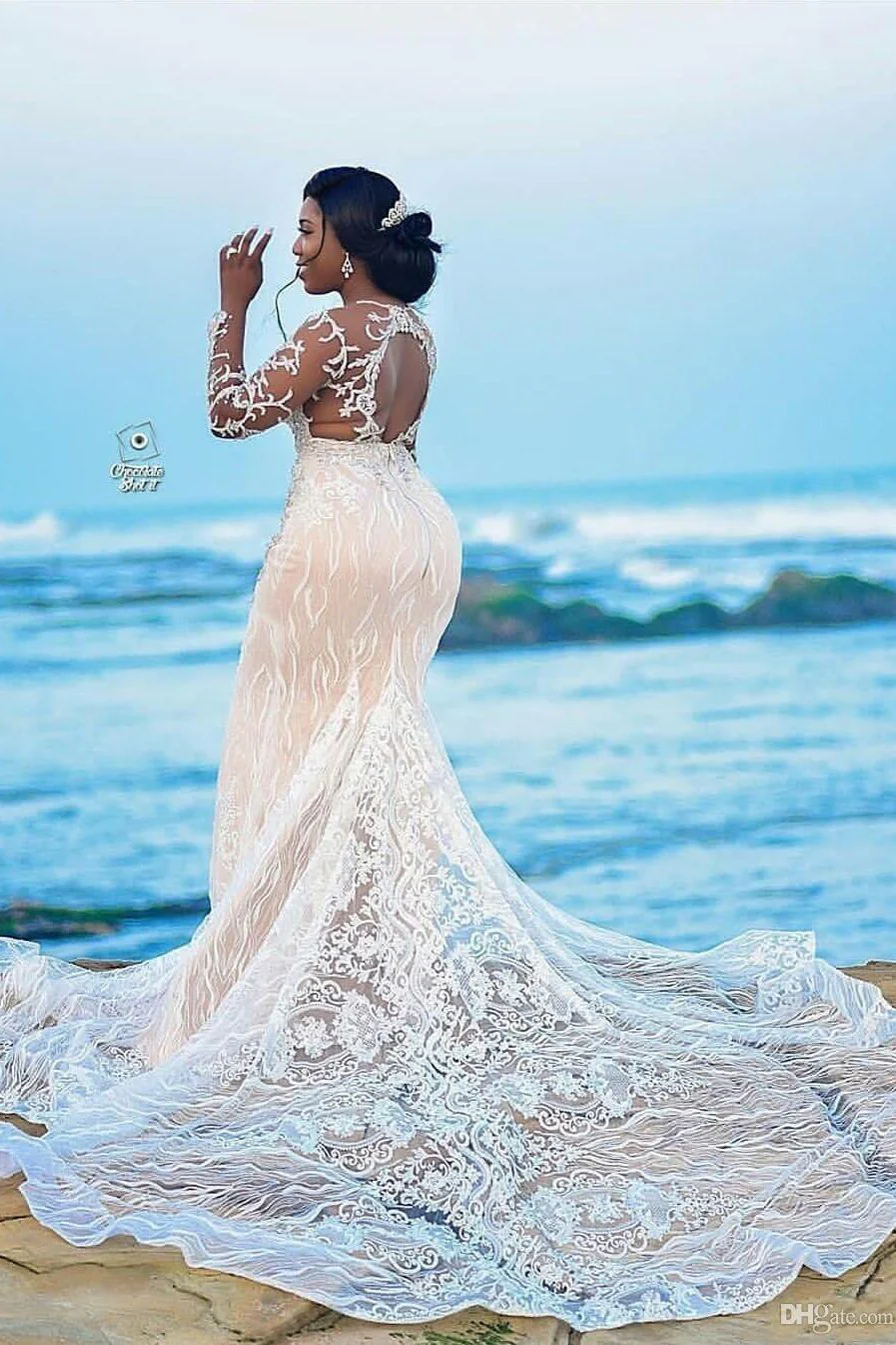 Mermaid Strapless Chapel Train Long Sleeves Tulle Lace Beading Wedding Dress - Image 2