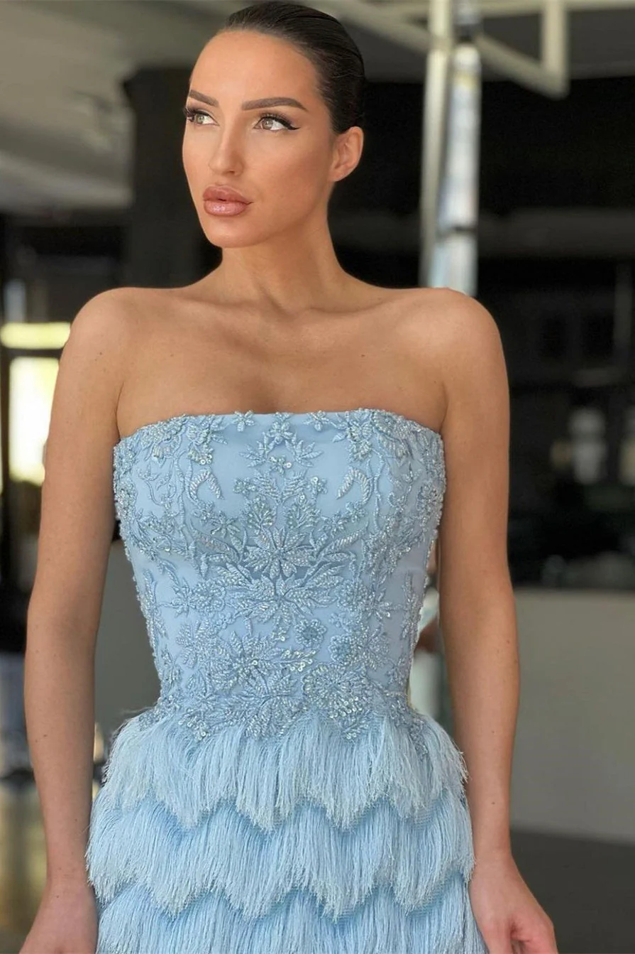 Mermaid Strapless Floor-length Cap Sleeve Appliques Lace with Feather Prom Dress - Image 2