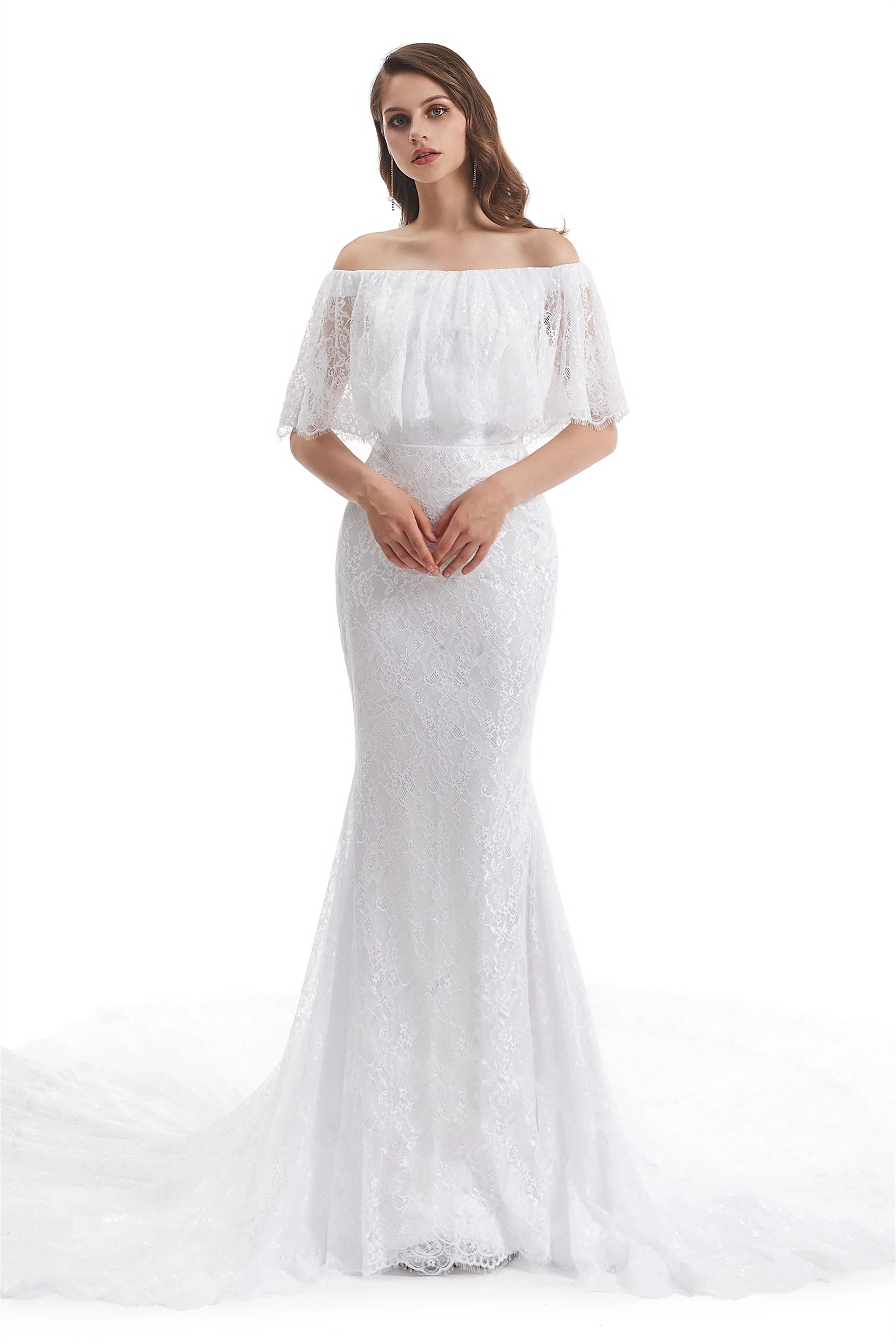 Mermaid Strapless Floor-length Off-the-shoulder Appliques Lace Short Sleeve Floor-length Wedding Dress - Image 3
