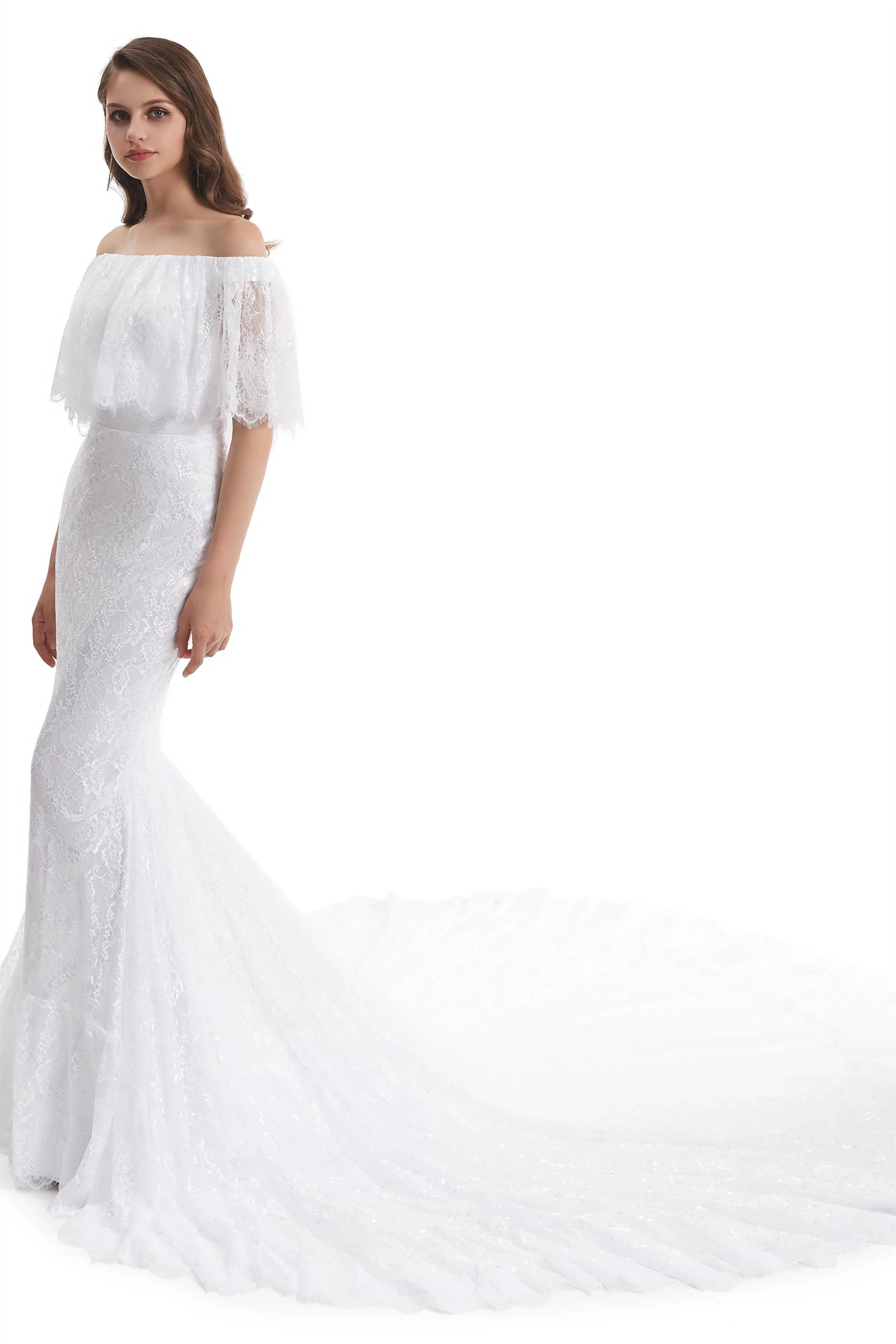 Mermaid Strapless Floor-length Off-the-shoulder Appliques Lace Short Sleeve Floor-length Wedding Dress - Image 4