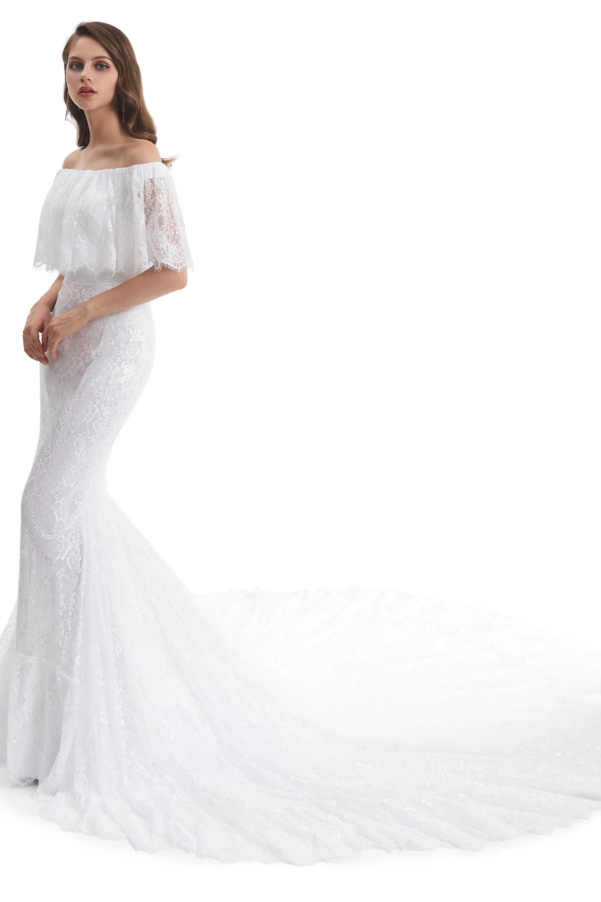 Mermaid Strapless Floor-length Off-the-shoulder Appliques Lace Short Sleeve Floor-length Wedding Dress - Image 5
