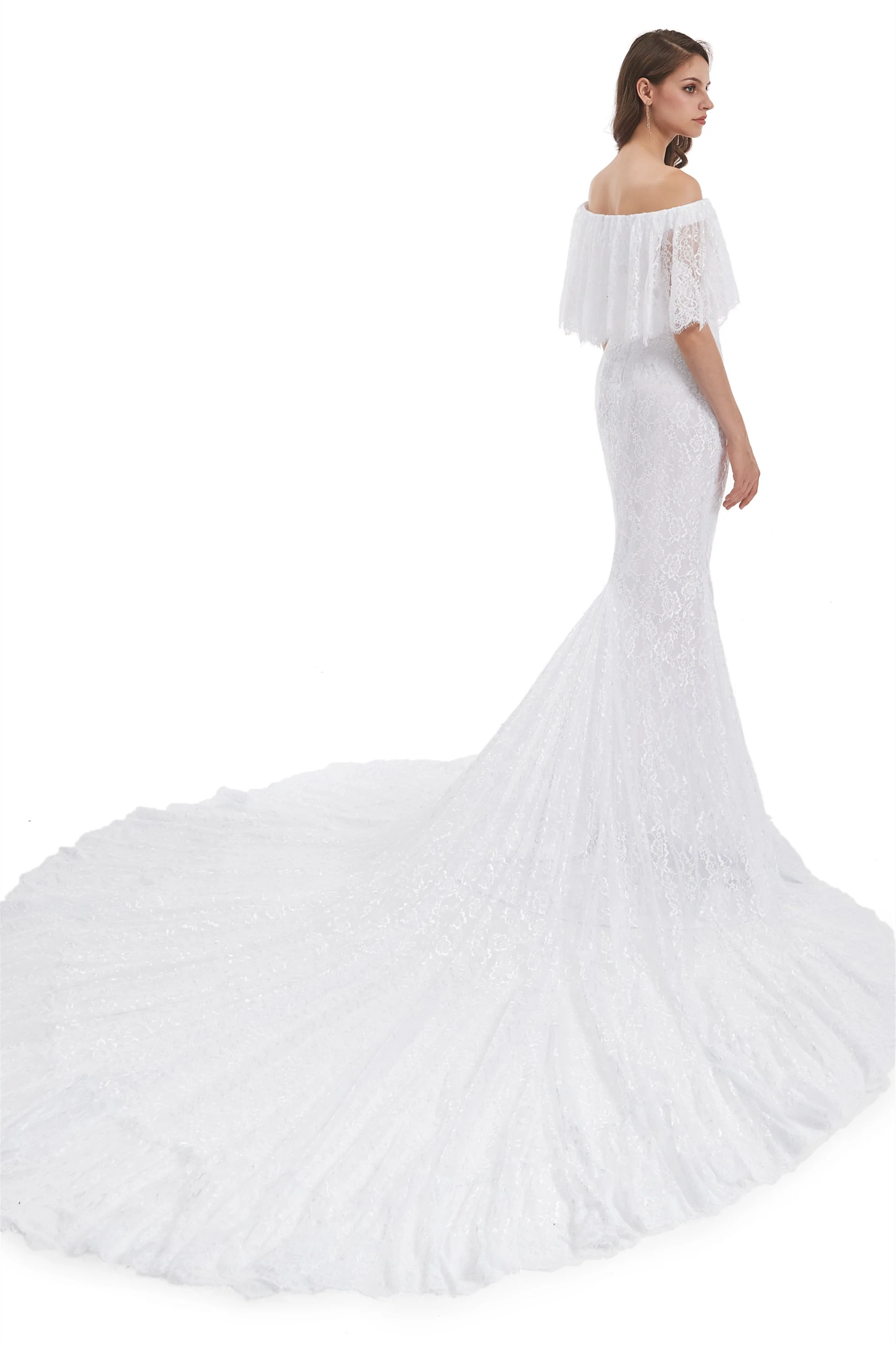 Mermaid Strapless Floor-length Off-the-shoulder Appliques Lace Short Sleeve Floor-length Wedding Dress - Image 6