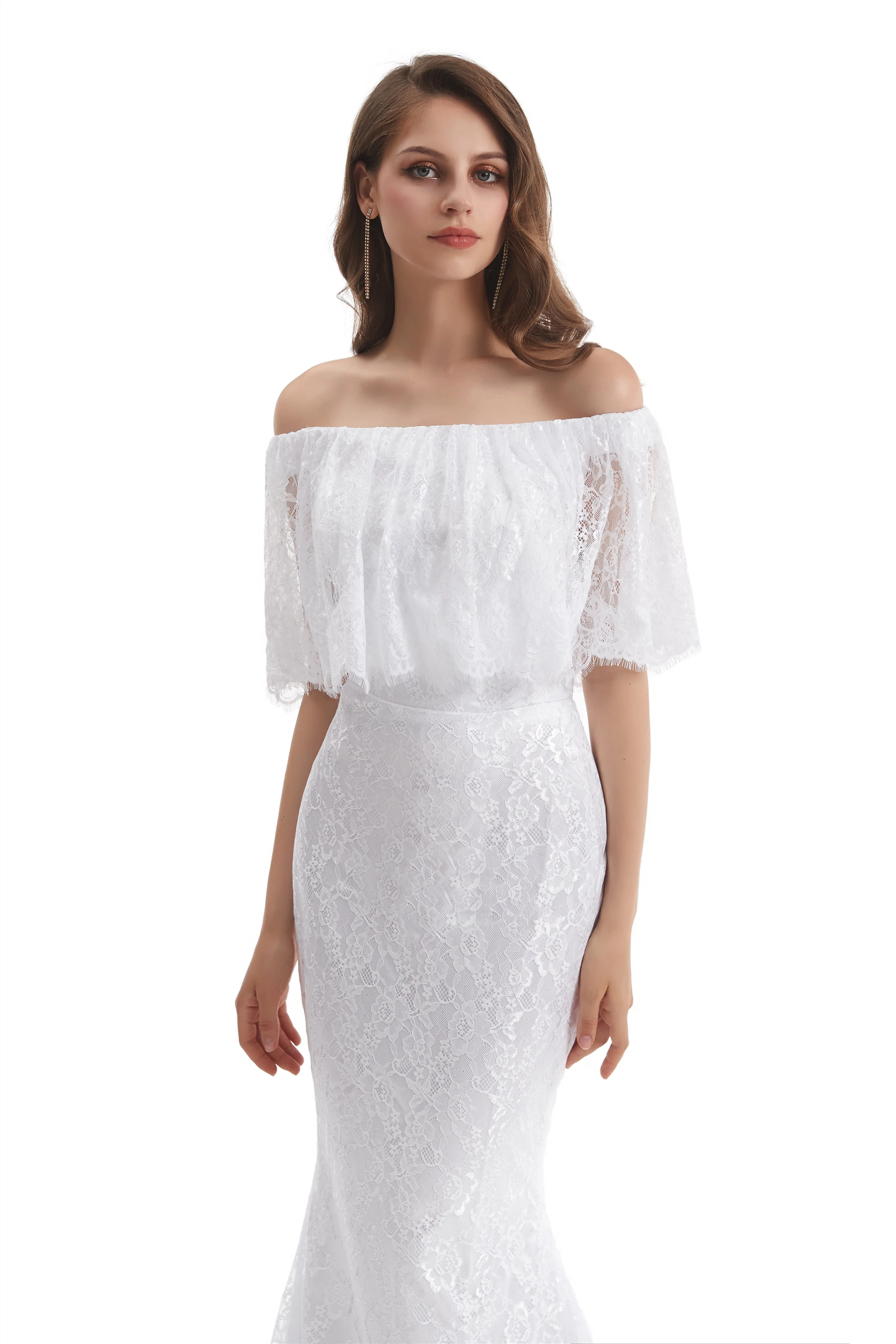 Mermaid Strapless Floor-length Off-the-shoulder Appliques Lace Short Sleeve Floor-length Wedding Dress - Image 7