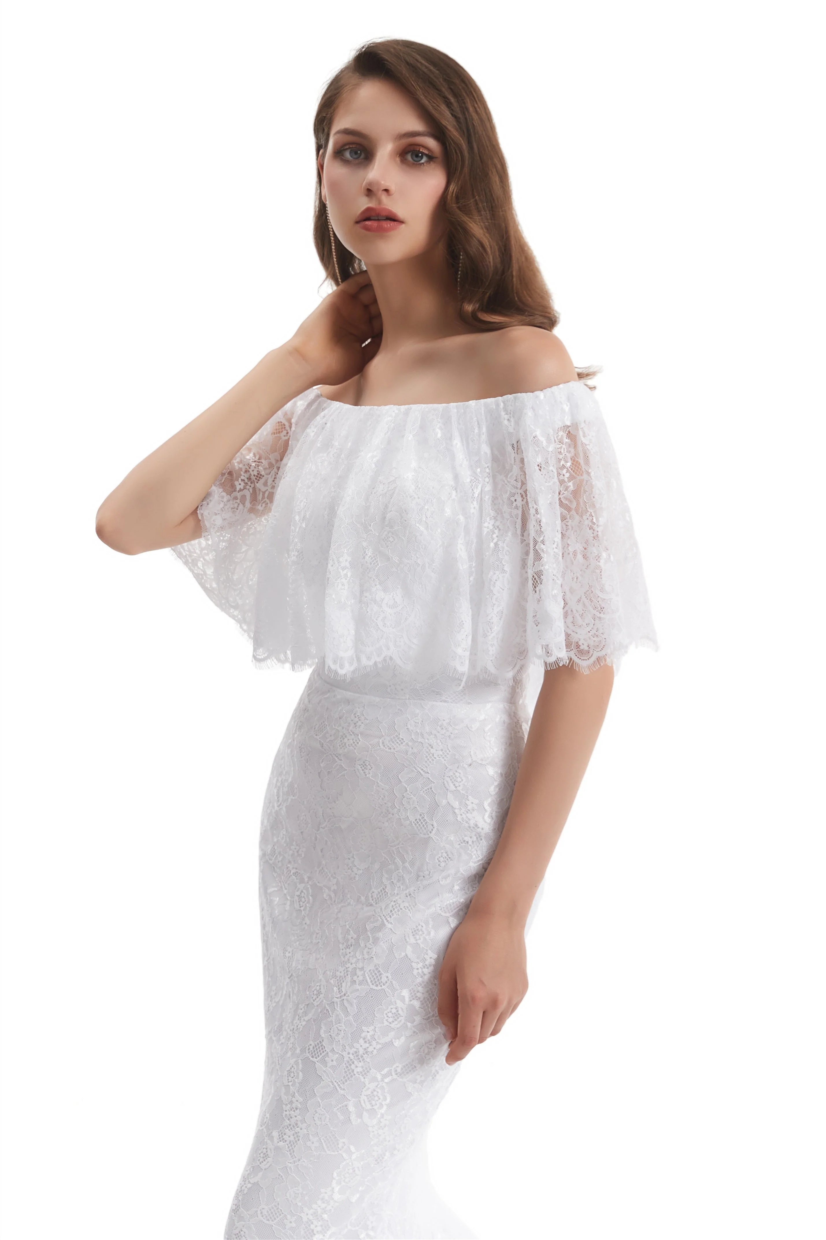 Mermaid Strapless Floor-length Off-the-shoulder Appliques Lace Short Sleeve Floor-length Wedding Dress - Image 8