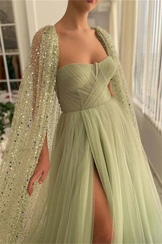 Mermaid Strapless Lace Sequined Floor-length Sleeveless With Shawl High Split Prom Dress - Image 3