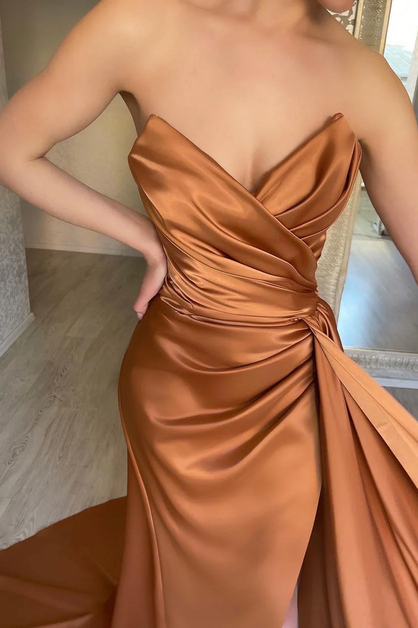 Mermaid Strapless Sweetheart Floor-length Multiple-Layers Sleeveless Open Back Side Train High Split Prom Dress - Image 3