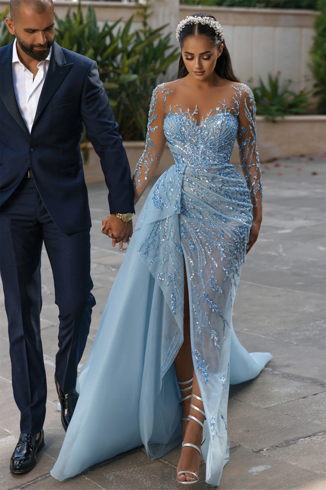Mermaid Strapless Sweetheart Floor-length With Side Train Appliques Lace High Split Long Sleeve Prom Dress - Image 3
