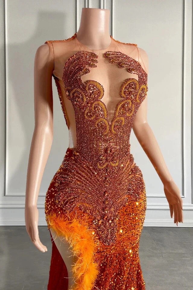 Mermaid Style Burnt Orange Sequins Prom Dress with Side Slit Long Length Beadings and Feathers - Image 2