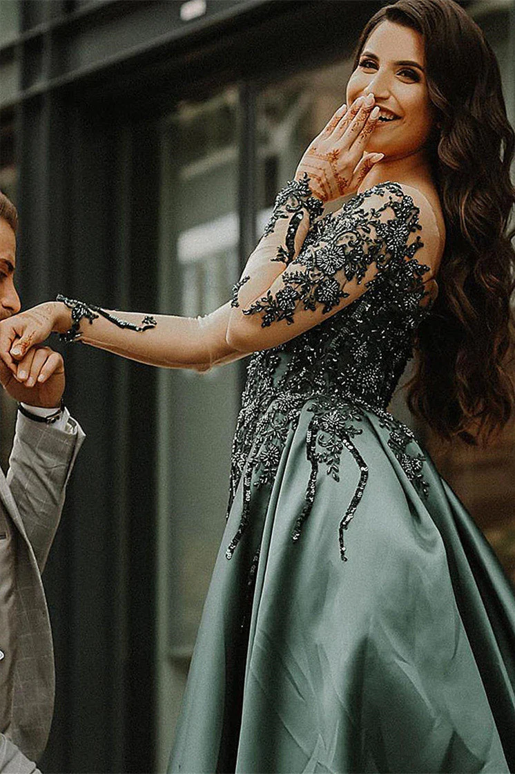 Mermaid Sweetheart Floor-length Long Sleeve Appliques Lace With Side Train Prom Dress - Image 3