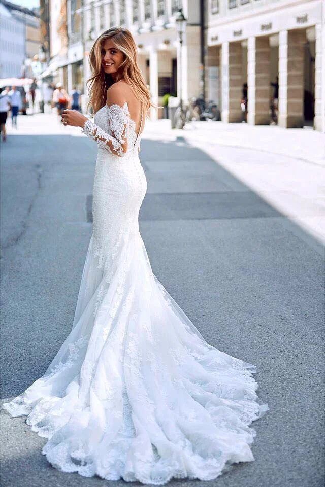Mermaid Sweetheart Long Sleeve Floor Length Chapel Backless Applique Wedding Dress - Image 3