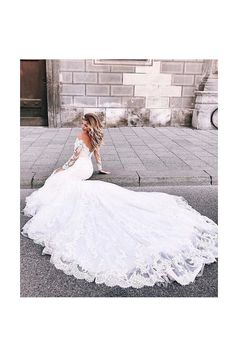 Mermaid Sweetheart Long Sleeve Floor Length Chapel Backless Applique Wedding Dress - Image 4