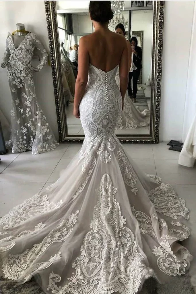 Mermaid Sweetheart Long Train Tulle Applique Wedding Dress - Image 2