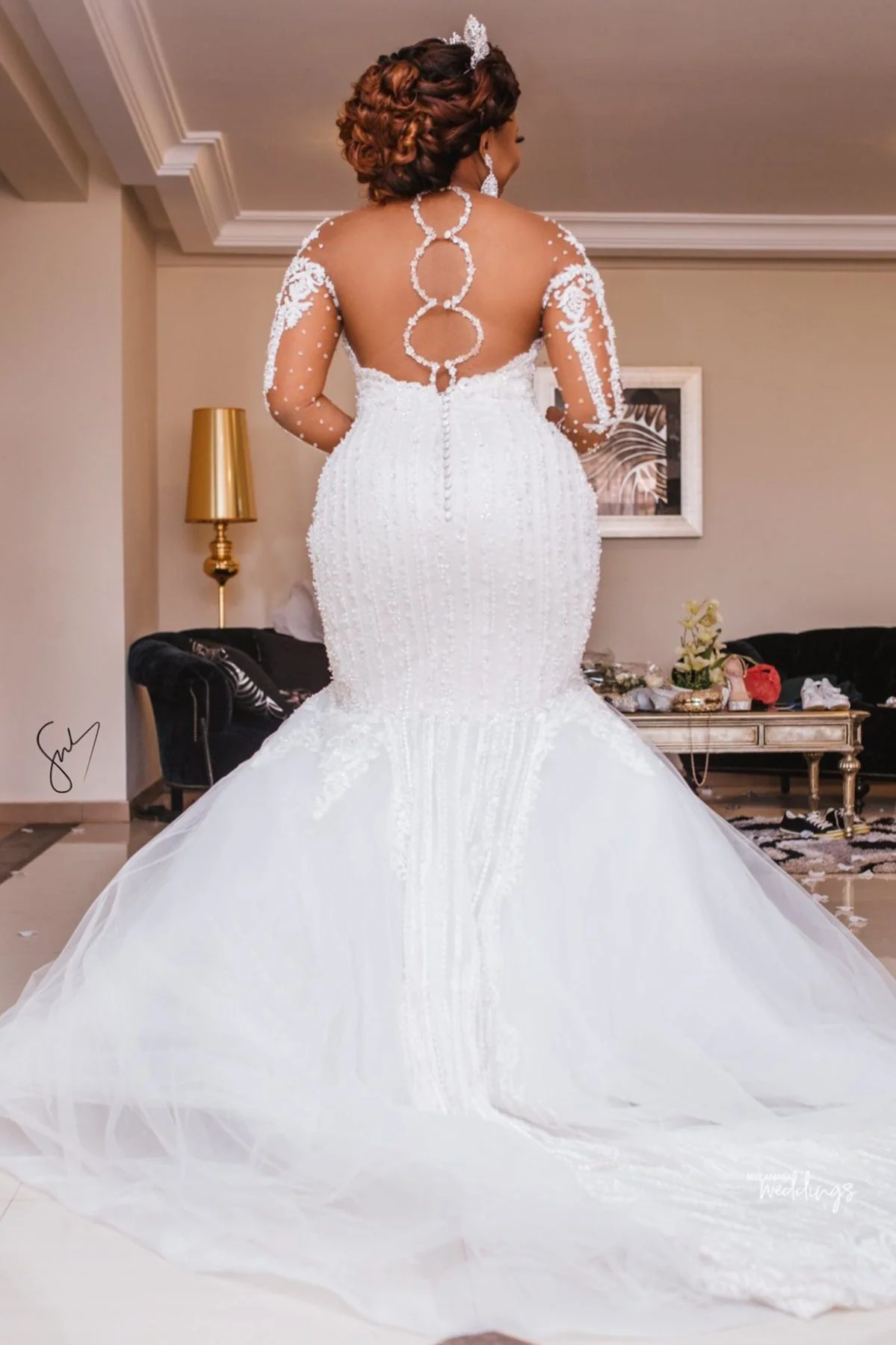 Mermaid Sweetheart Short Train Long Sleeves Backless Organza Applique Wedding Dress - Image 2