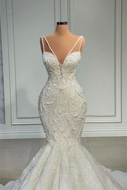 Mermaid Sweetheart Spaghetti strap Lace Floor-length Sleeveless Applique Beaded Wedding Dress - Image 2