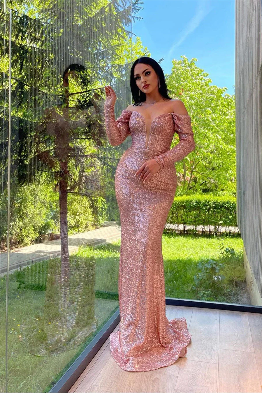 Mermaid Sweetheart Strapless Sequined Floor-length Long Sleeve Elegant Prom Dress - Image 5
