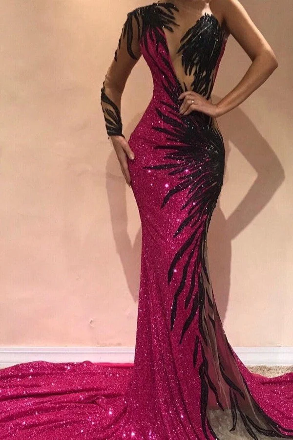 Mermaid Transparent Round Collar Chapel One-shoulder Long Sleeve  Backless Paillette Prom Dress - Image 3