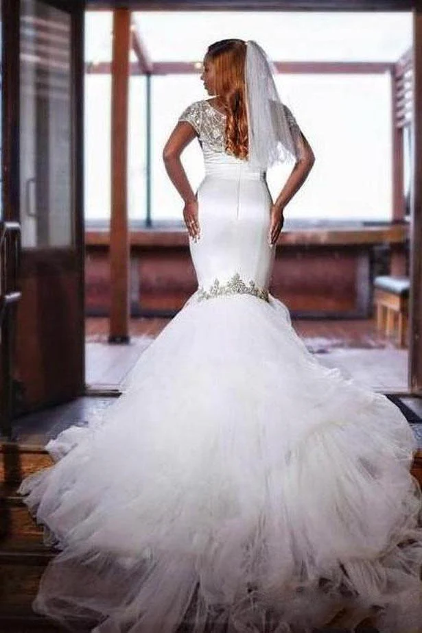Mermaid Tulle Beads Appliques Wedding Dress Exquisite Short Sleeves Bridal Dresses - Image 2