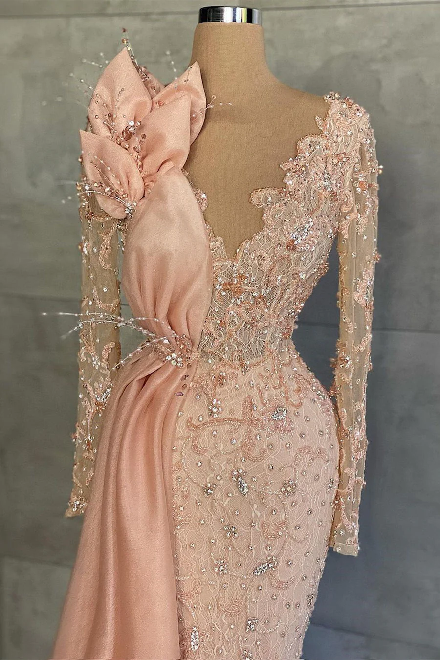 Mermaid V-neck Beading Sequined Floor-length Long Sleeve Appliques Lace Flower Prom Dress - Image 2