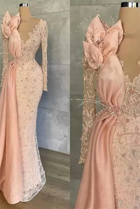 Mermaid V-neck Beading Sequined Floor-length Long Sleeve Appliques Lace Flower Prom Dress - Image 3