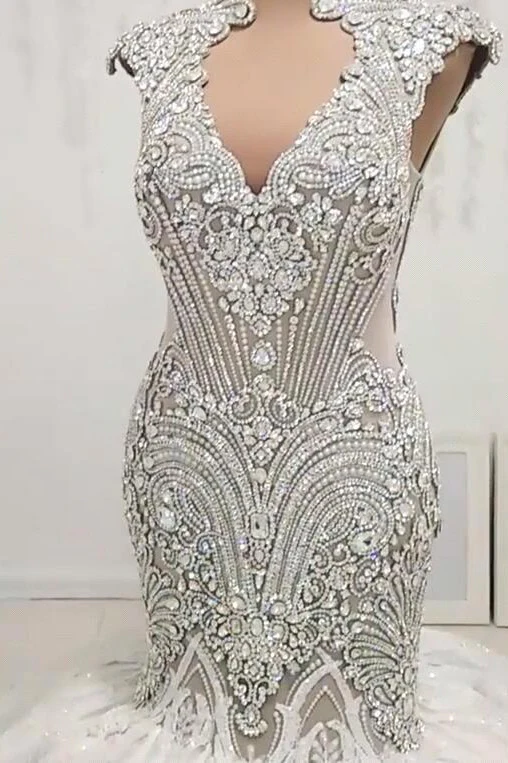 Mermaid V-neck Floor Length Backless Tulle Beading Applique Wedding Dress - Image 2