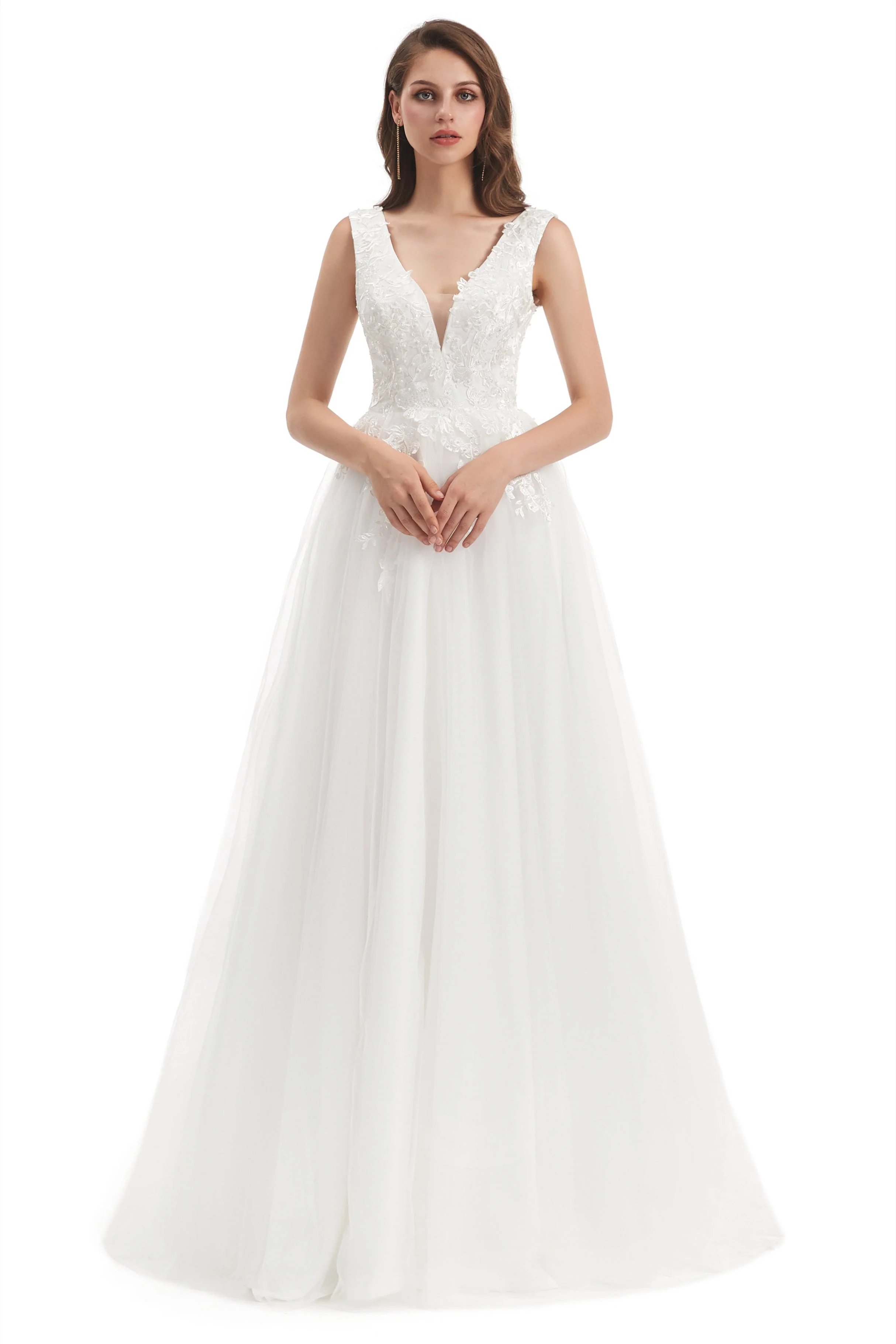 Mermaid V-neck Floor-length Sleeveless Backless Appliques Lace Wedding Dress - Image 3