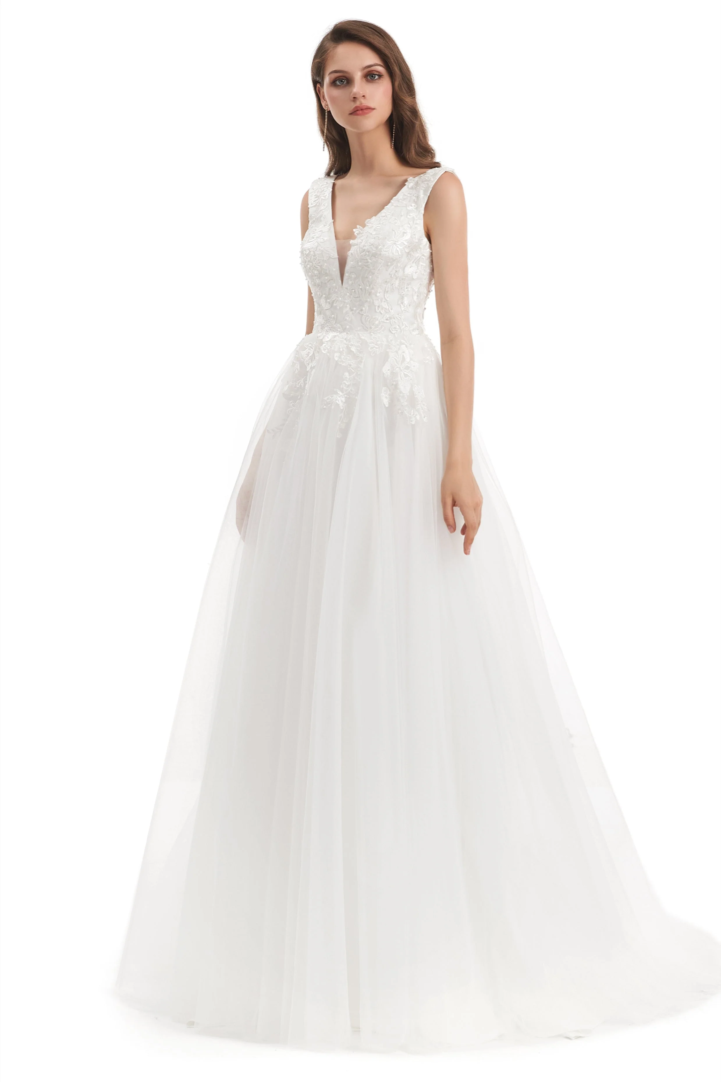 Mermaid V-neck Floor-length Sleeveless Backless Appliques Lace Wedding Dress - Image 5