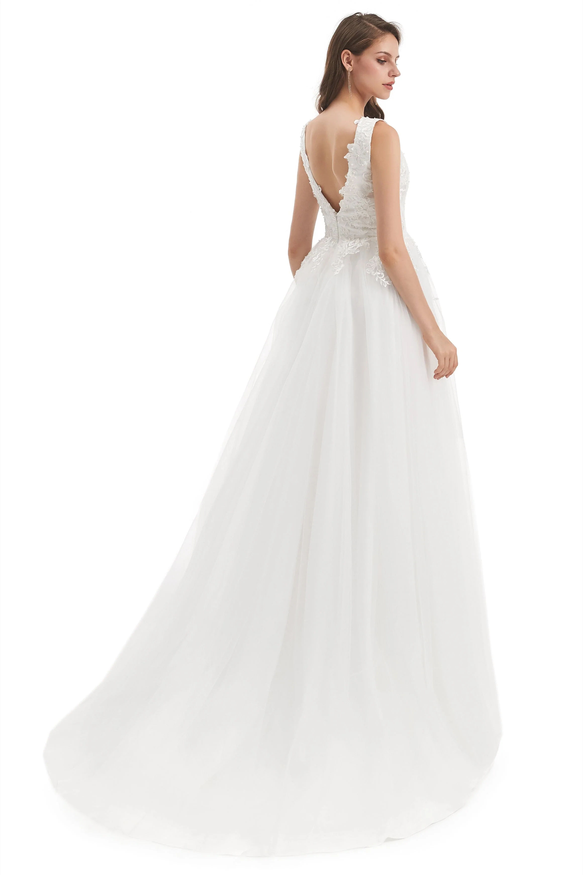 Mermaid V-neck Floor-length Sleeveless Backless Appliques Lace Wedding Dress - Image 6