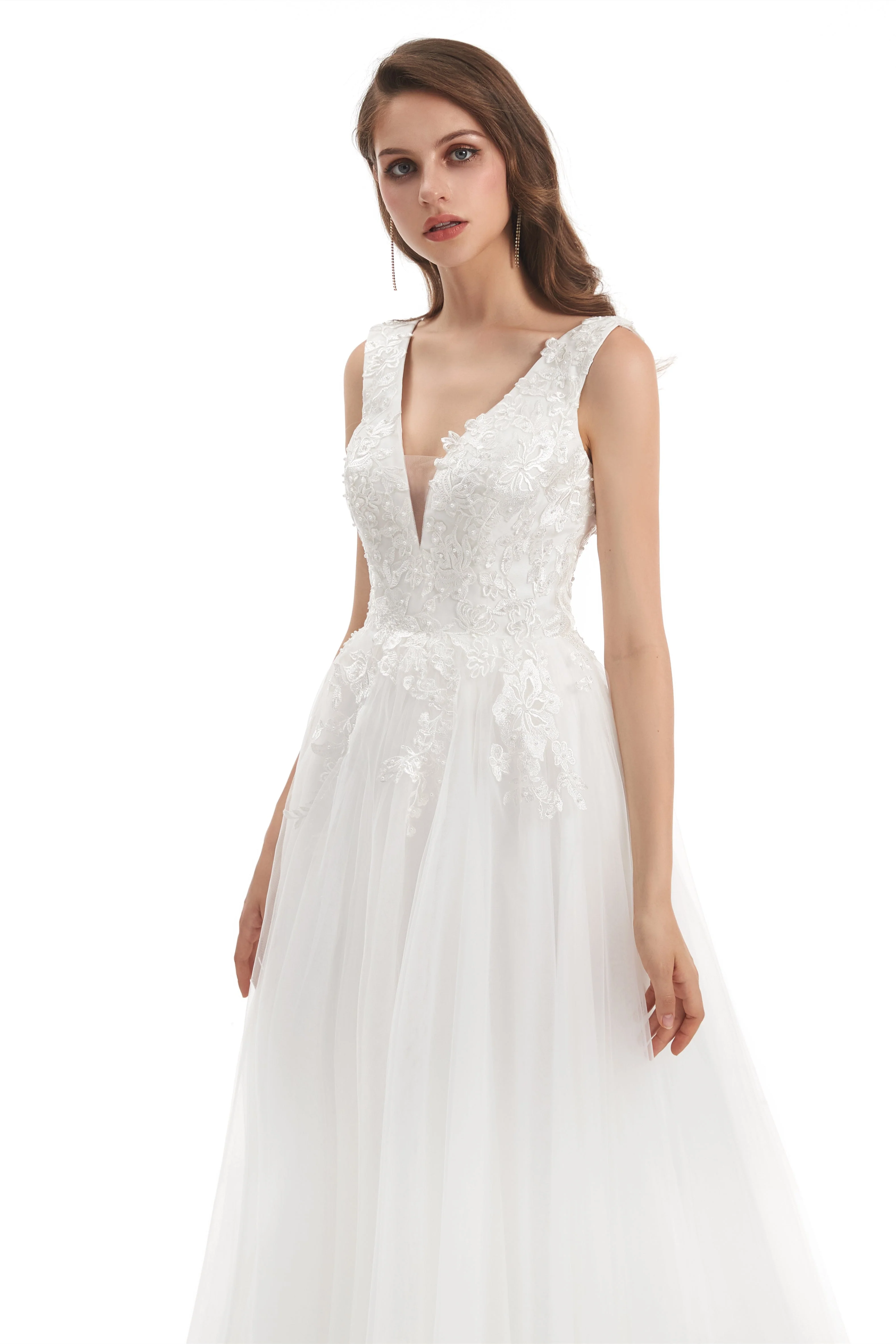 Mermaid V-neck Floor-length Sleeveless Backless Appliques Lace Wedding Dress - Image 7