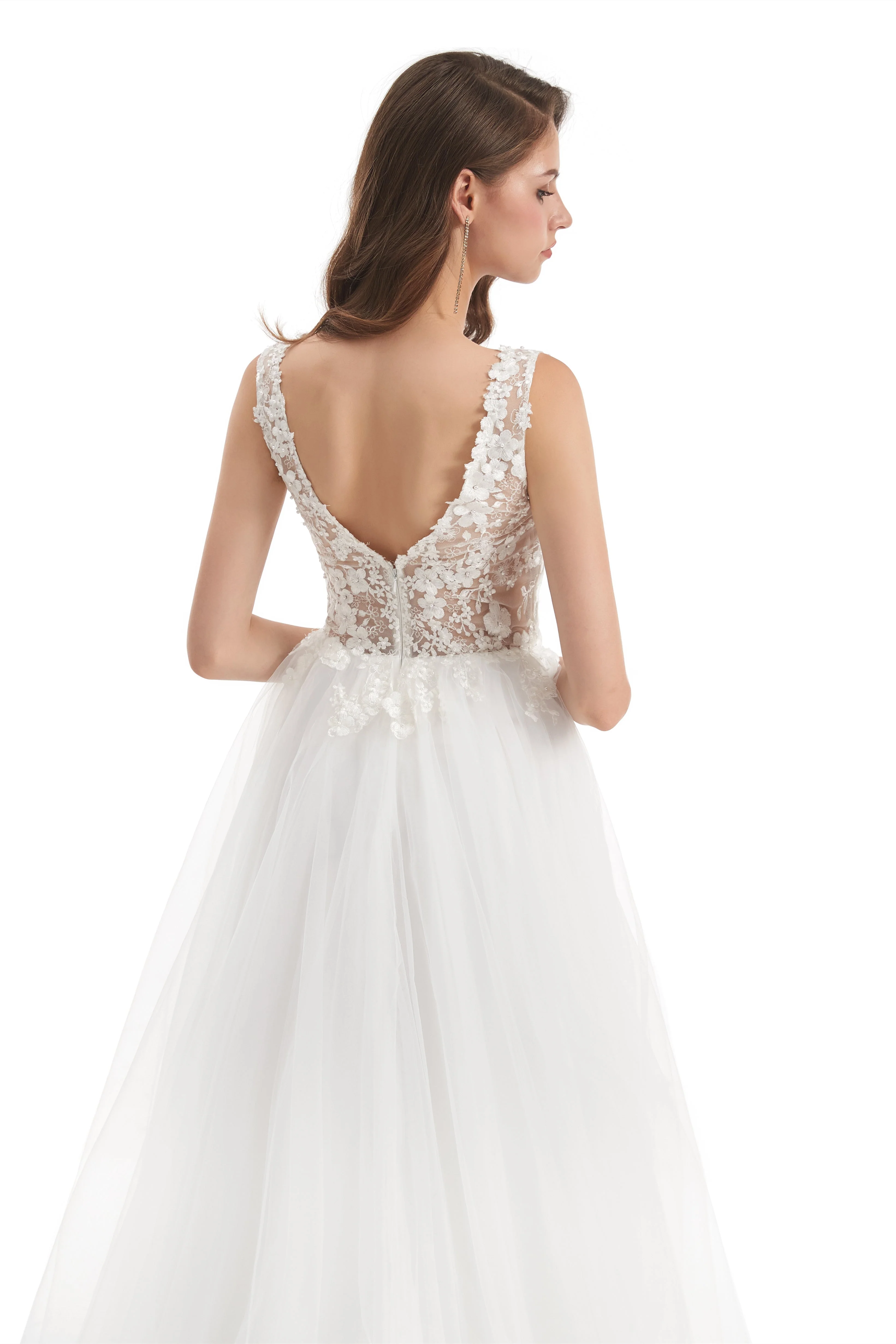 Mermaid V-neck Floor-length Sleeveless Backless Appliques Lace Wedding Dress - Image 2