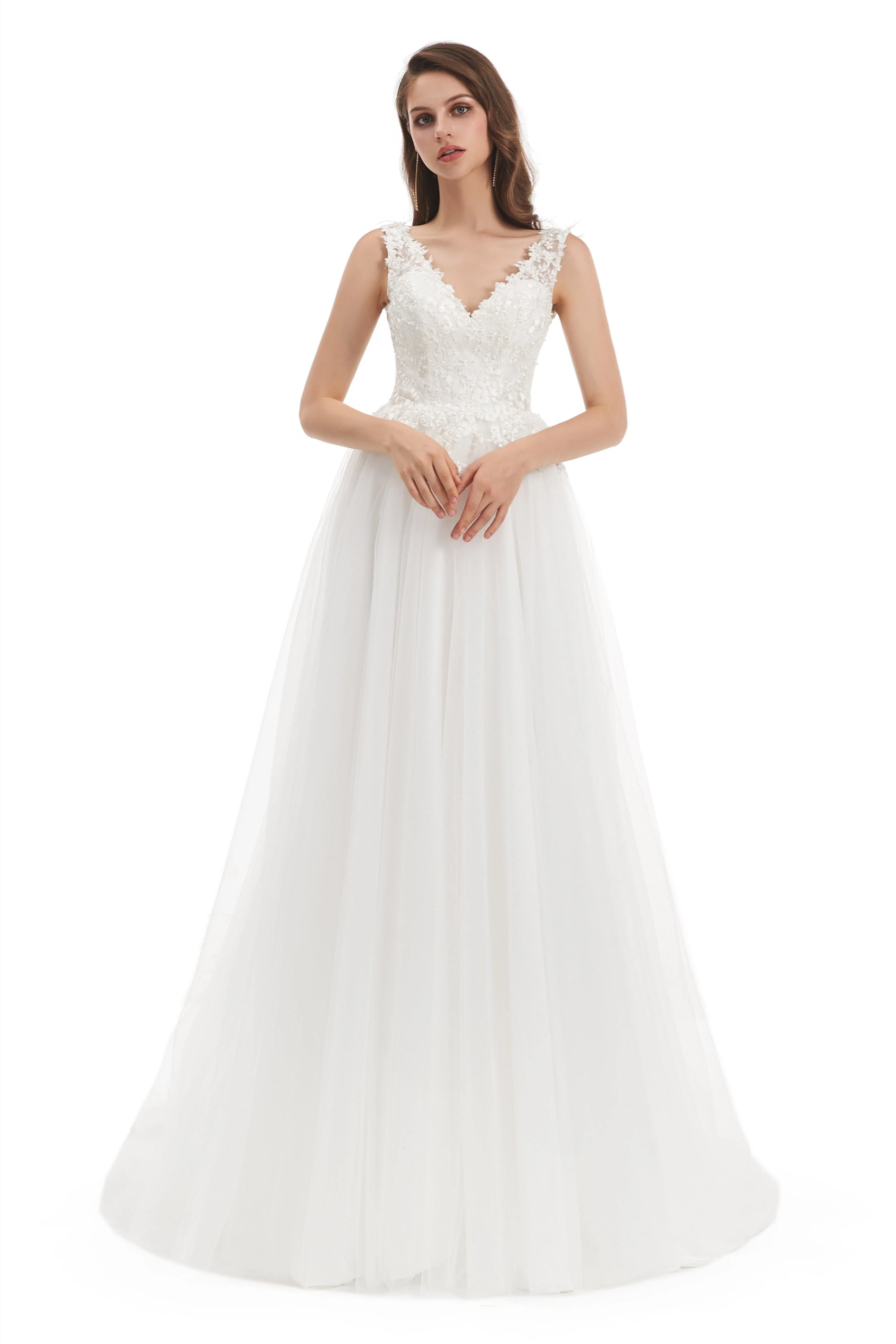 Mermaid V-neck Floor-length Sleeveless Backless Appliques Lace Wedding Dress - Image 3