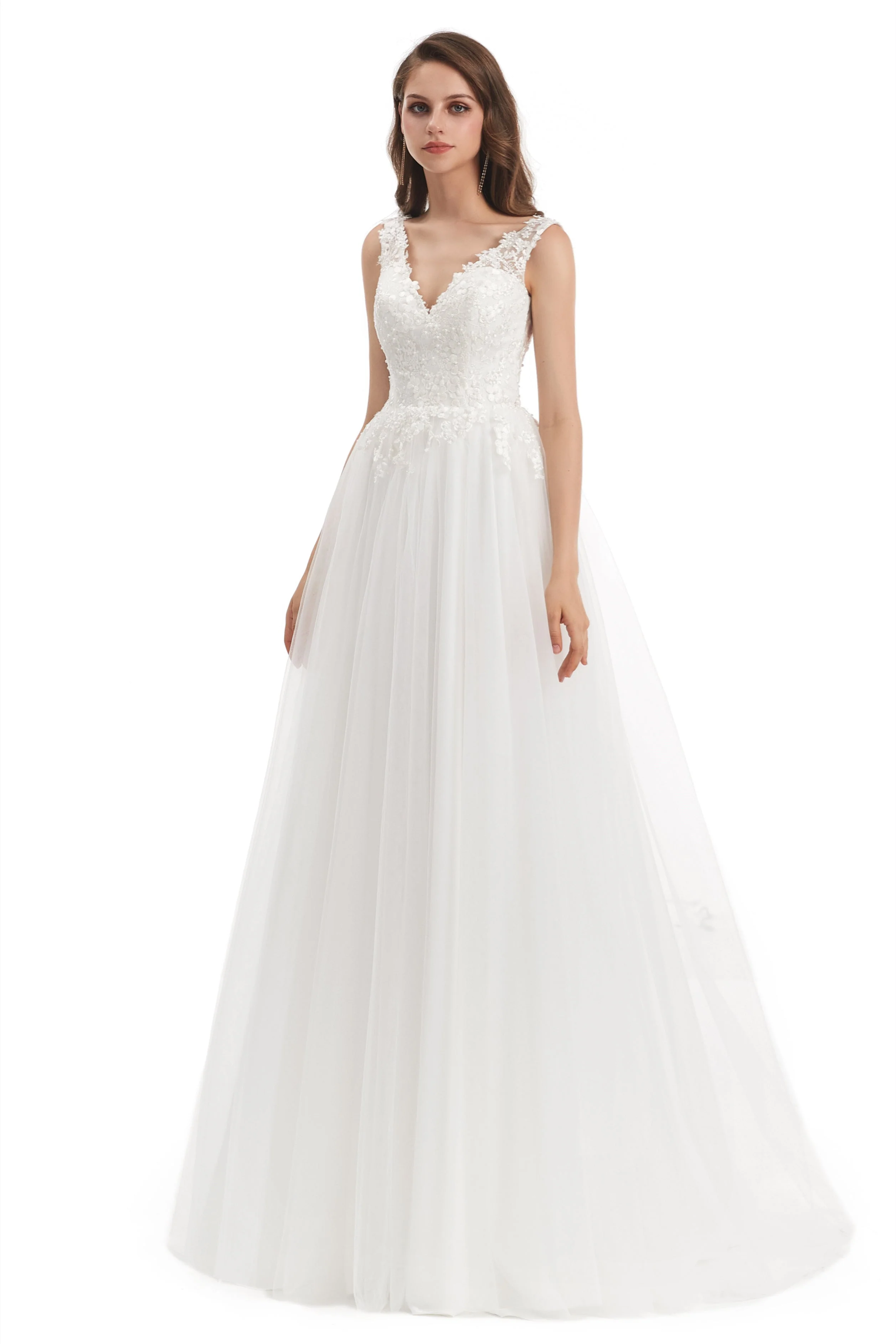 Mermaid V-neck Floor-length Sleeveless Backless Appliques Lace Wedding Dress - Image 4