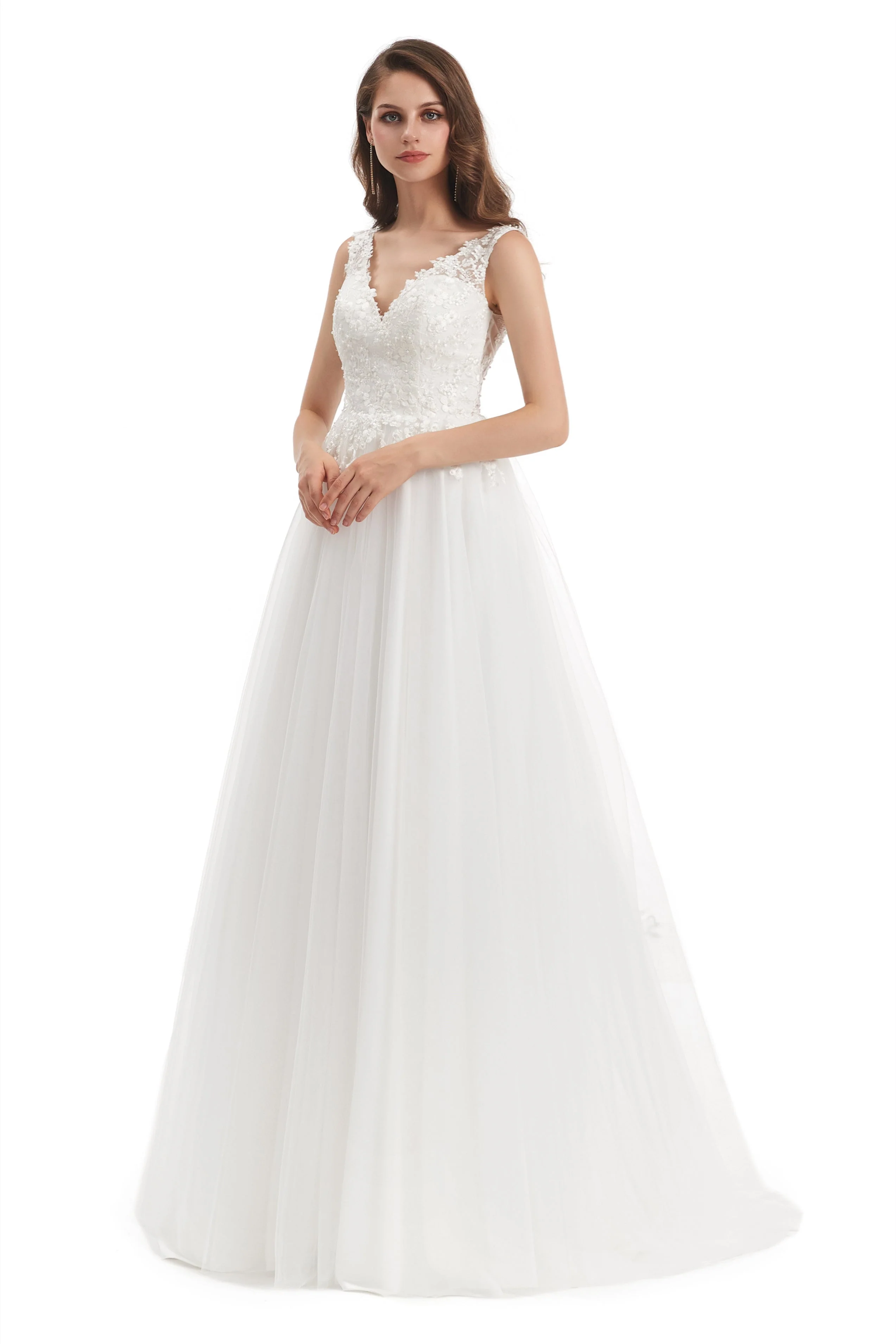 Mermaid V-neck Floor-length Sleeveless Backless Appliques Lace Wedding Dress - Image 5
