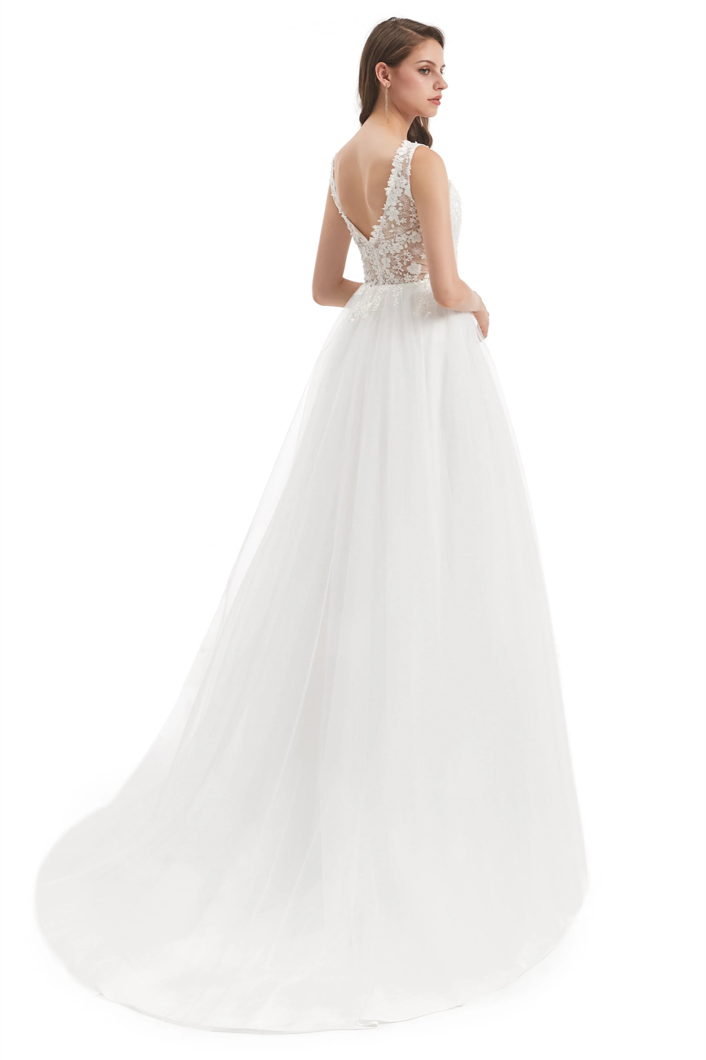 Mermaid V-neck Floor-length Sleeveless Backless Appliques Lace Wedding Dress - Image 6