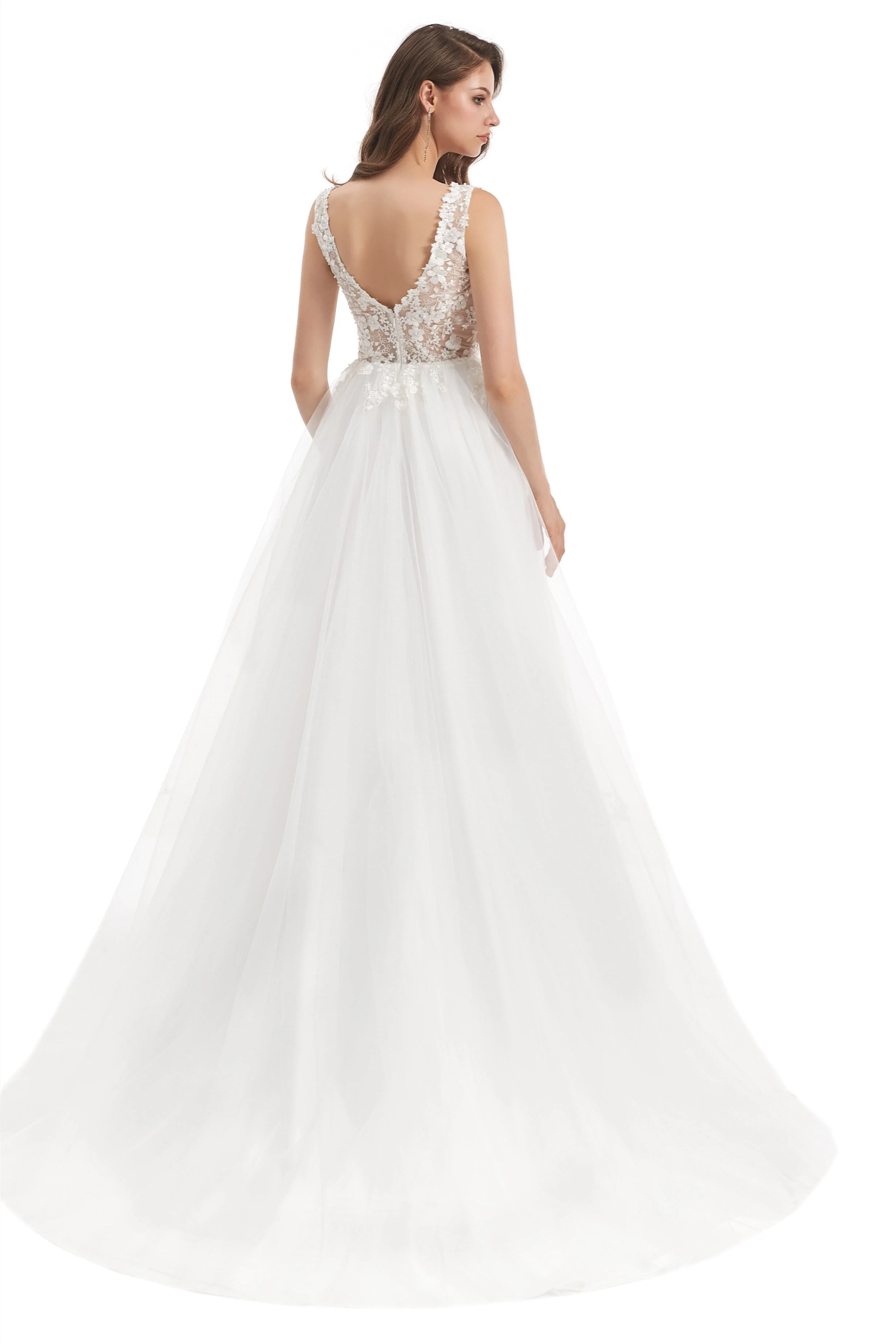 Mermaid V-neck Floor-length Sleeveless Backless Appliques Lace Wedding Dress - Image 7