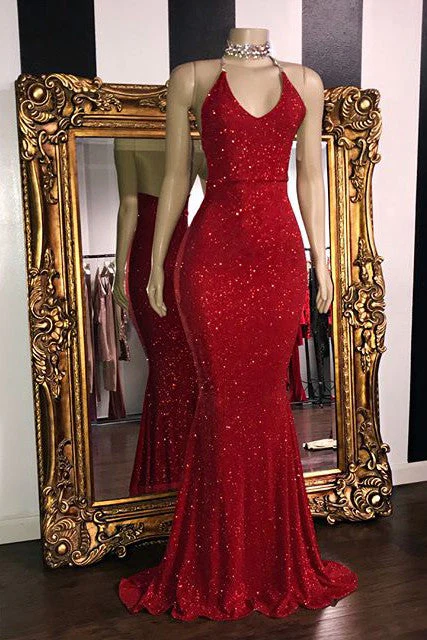 Mermaid V-neck Halter Floor Length Ruffle Hem Paillette Prom Dress - Image 5