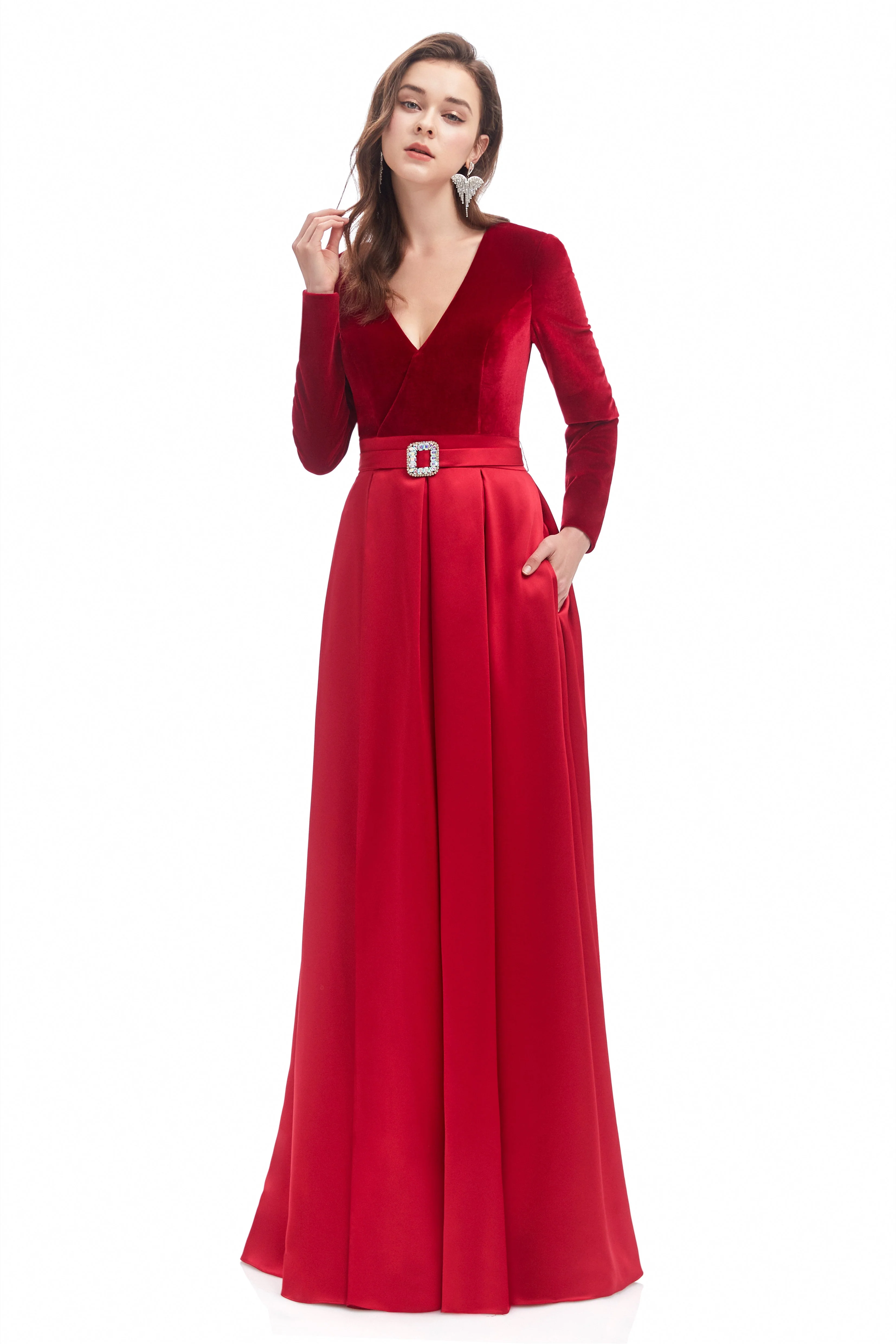 Mermaid V-neck High Split Floor-length Long Sleeve Open Back Prom Dress - Image 3