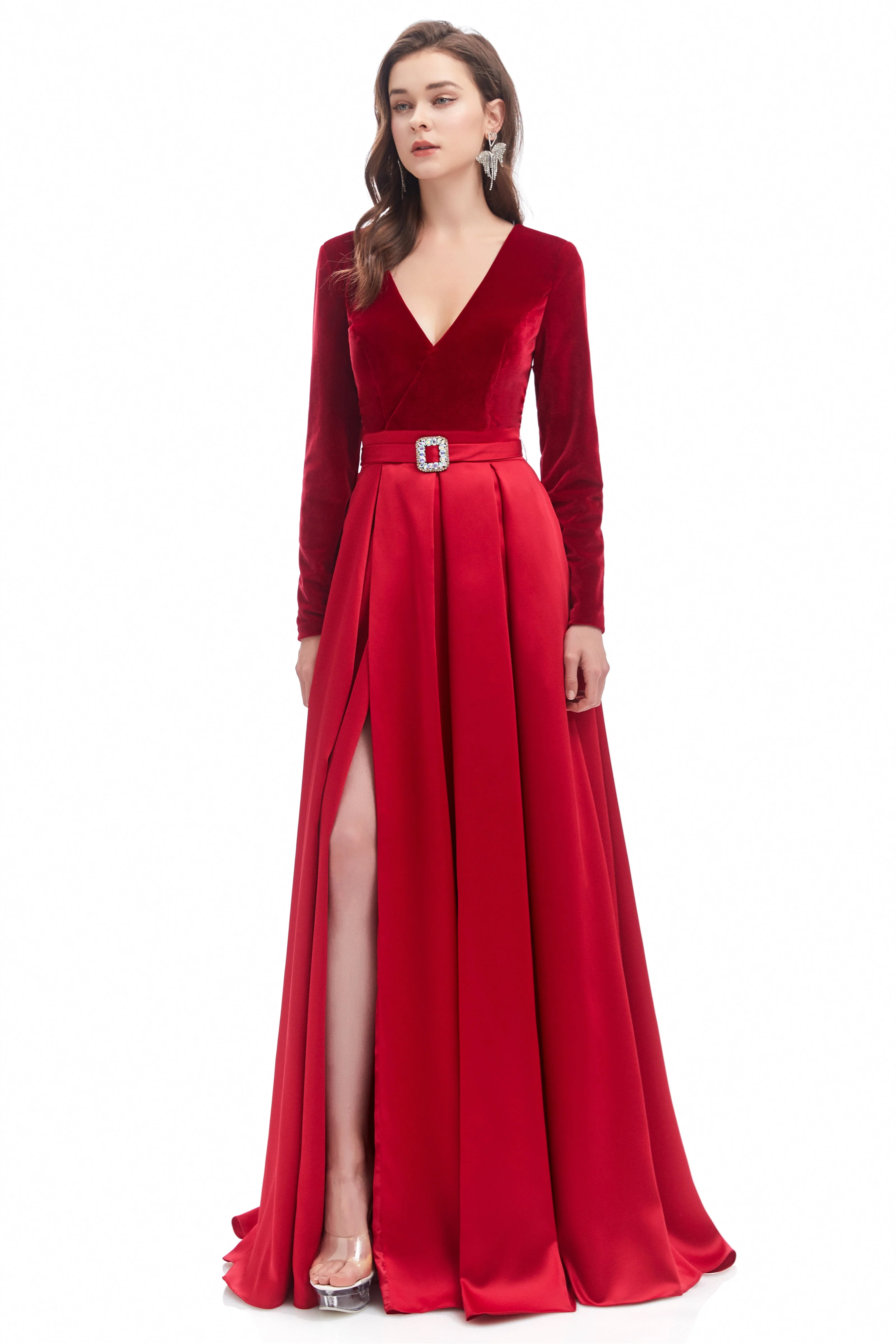 Mermaid V-neck High Split Floor-length Long Sleeve Open Back Prom Dress - Image 4