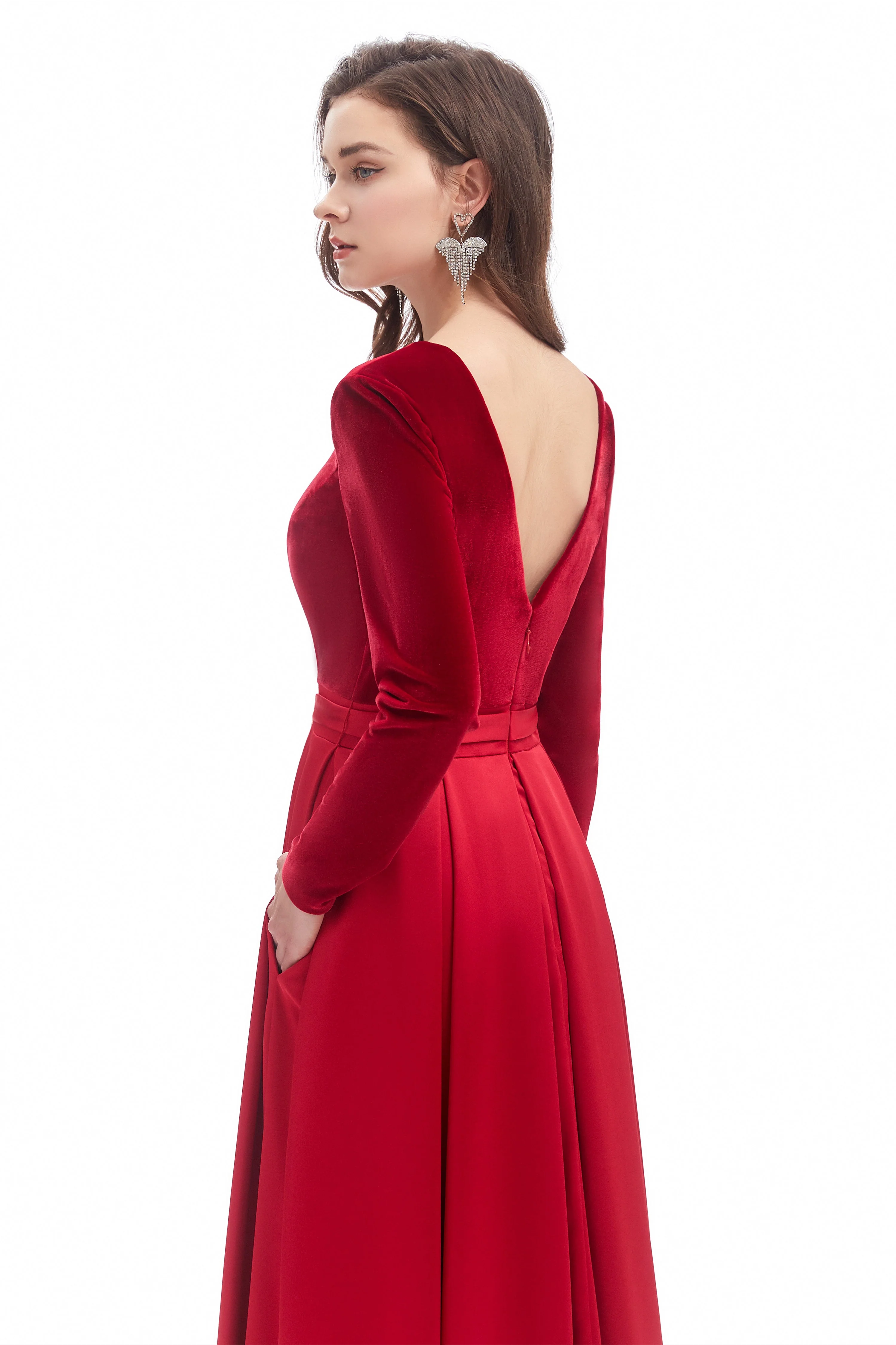 Mermaid V-neck High Split Floor-length Long Sleeve Open Back Prom Dress - Image 9